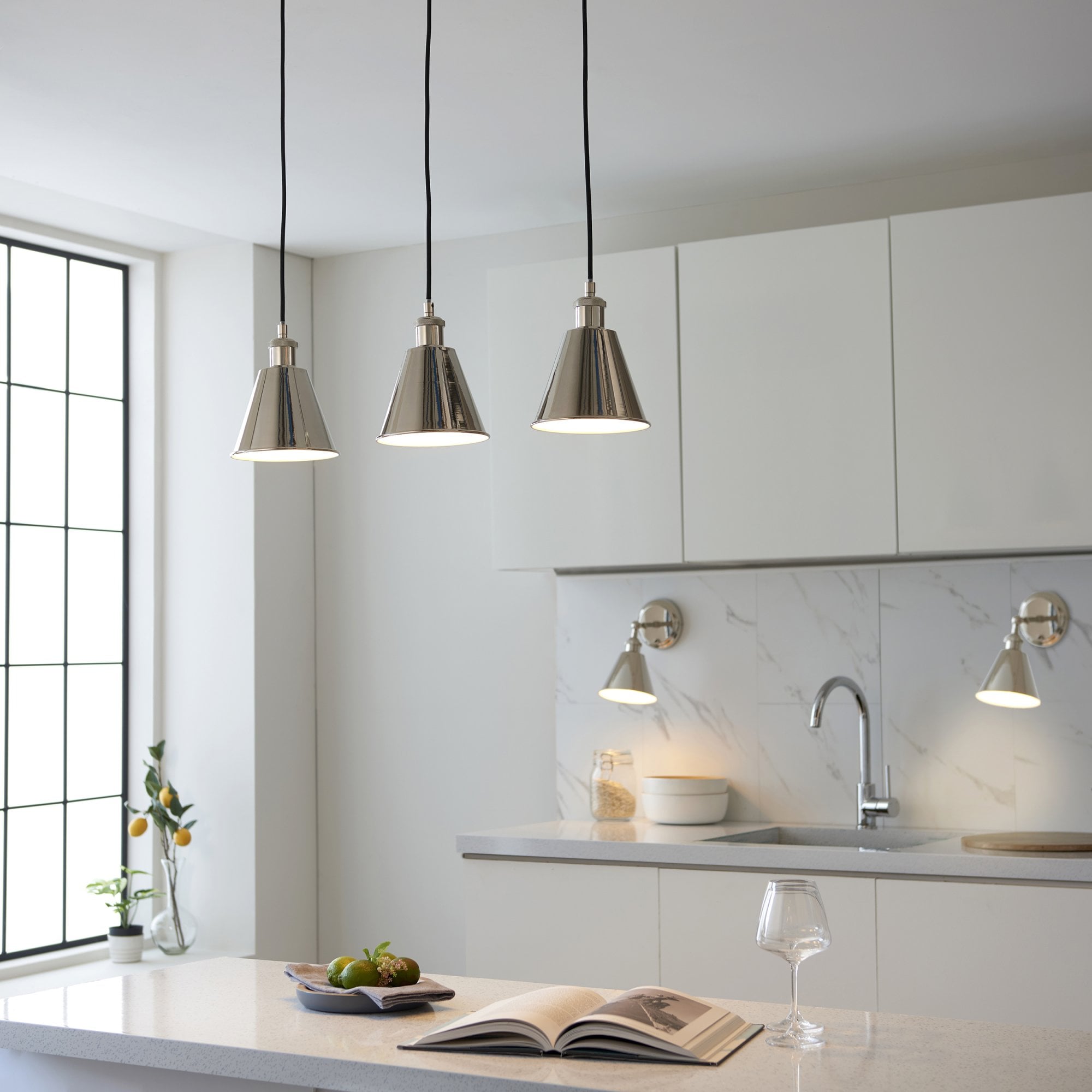 Endon Hal 3 Light Linear Pendant - Bright Nickel & Satin White