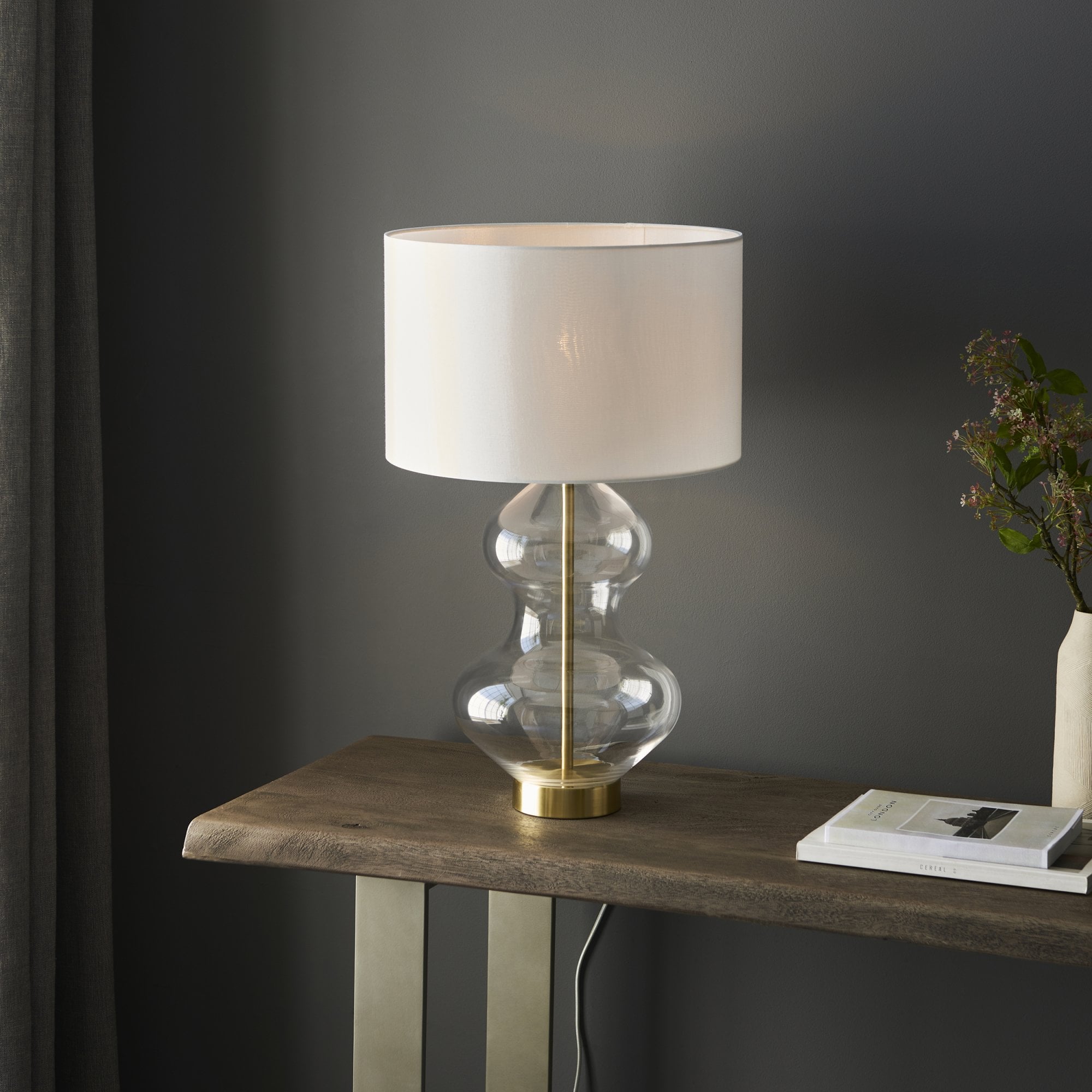 Endon Kelda Shaped Touch Table Lamp - Satin Brass & Vintage White Shade