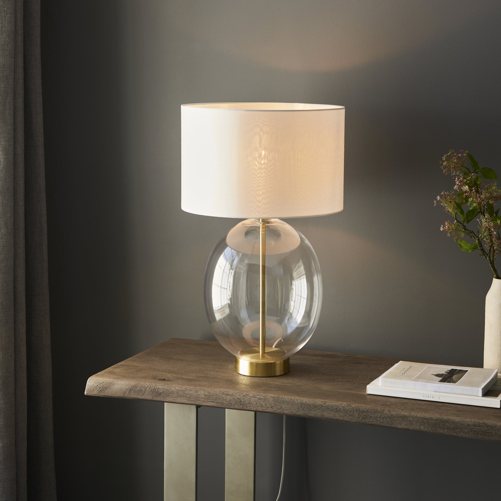 Endon Kelda Oval Touch Table Lamp - Satin Brass & Vintage White Shade