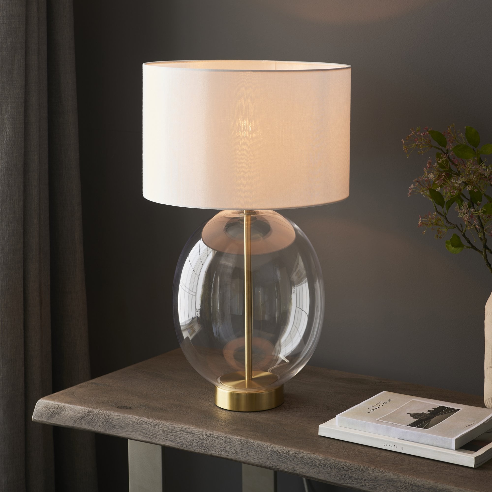 Endon Kelda Oval Touch Table Lamp - Satin Brass & Vintage White Shade