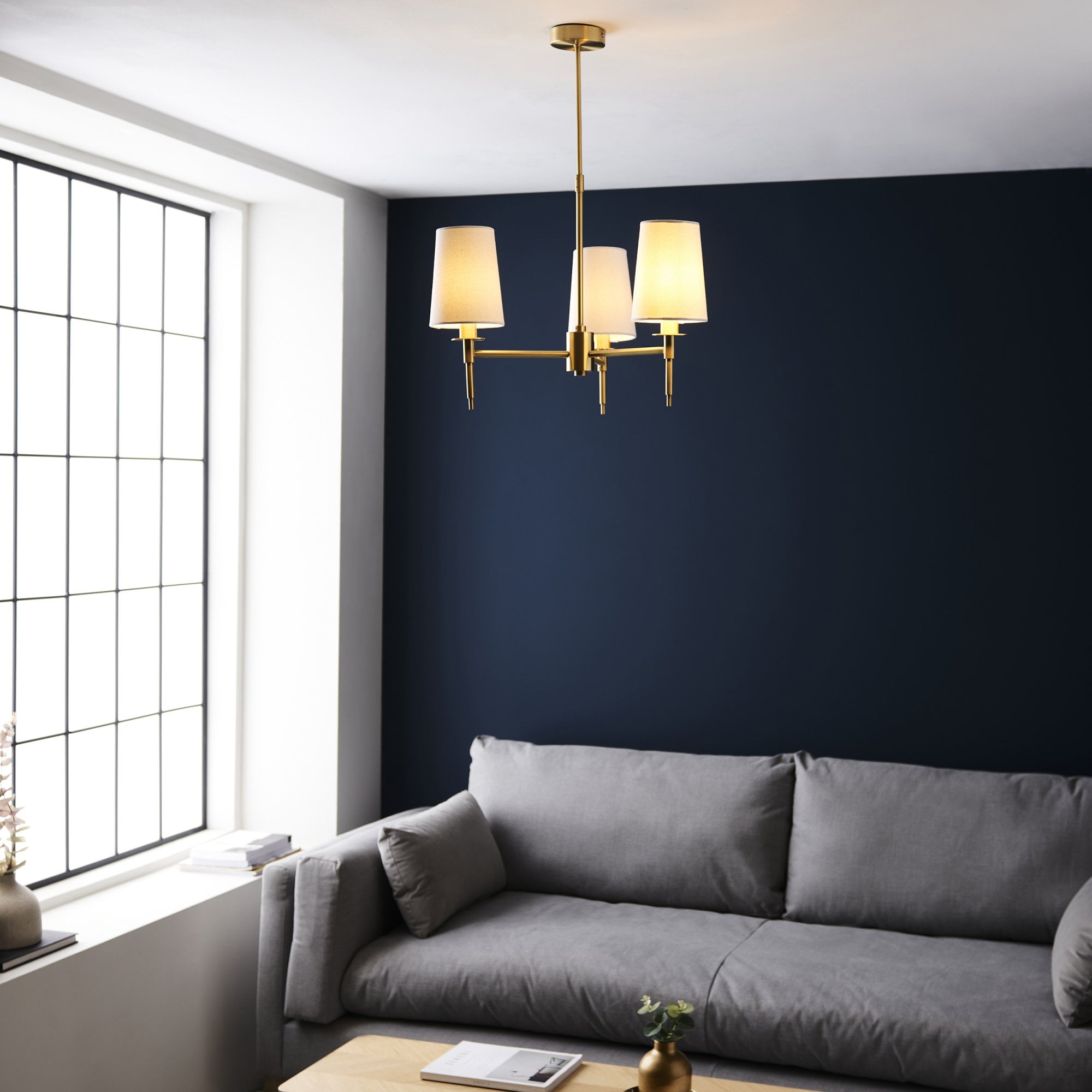 Utopia Eton 3 Light Multi Arm Pendant - Satin Brass & Tapered Shades