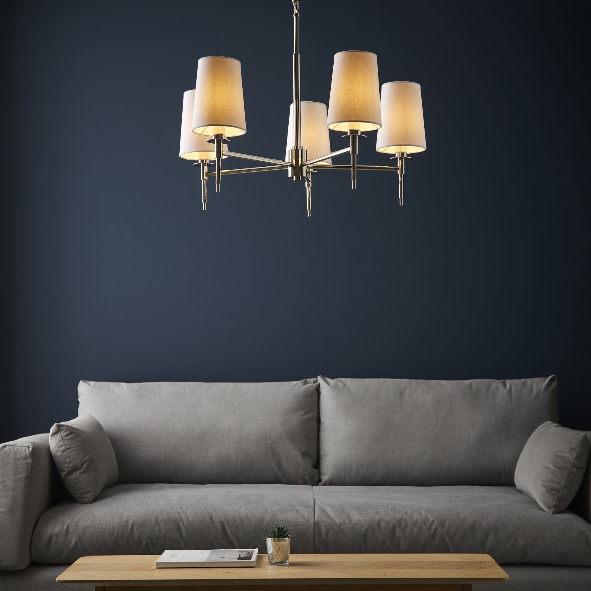 Utopia Eton 5 Light Multi Arm Pendant - Bright Nickel & Tapered Shades