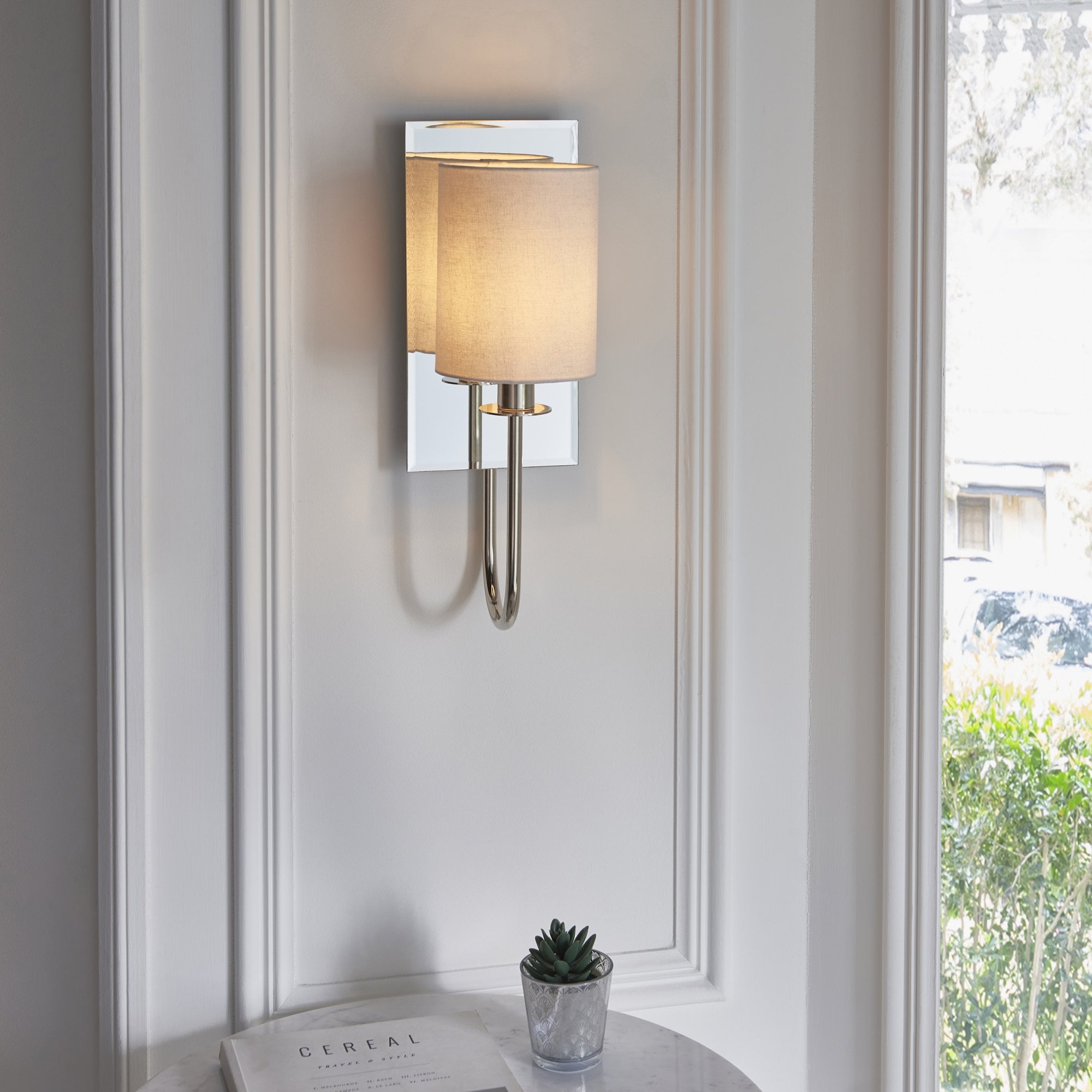 Endon Magnum Mirrored Wall Light - Bright Nickel & Vintage White Shade