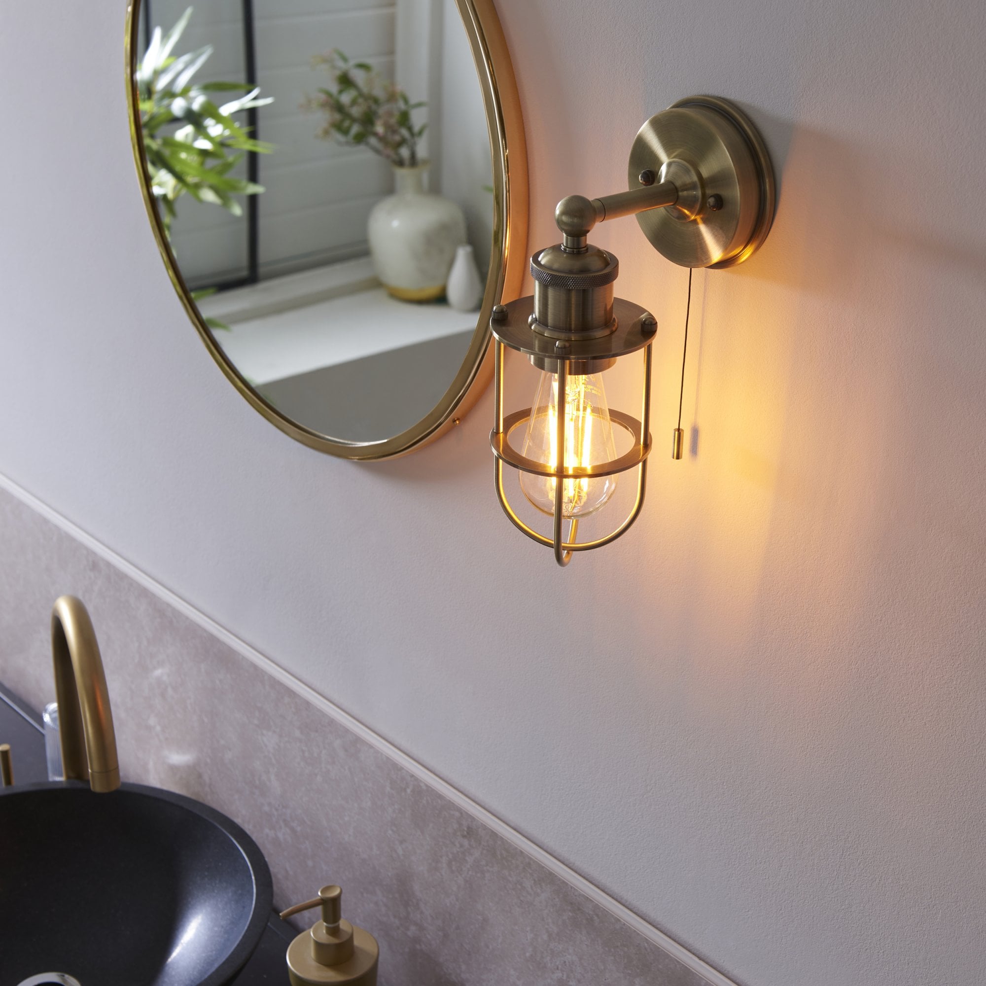 Endon Industrial Caged Single Wall Light - Antique Brass