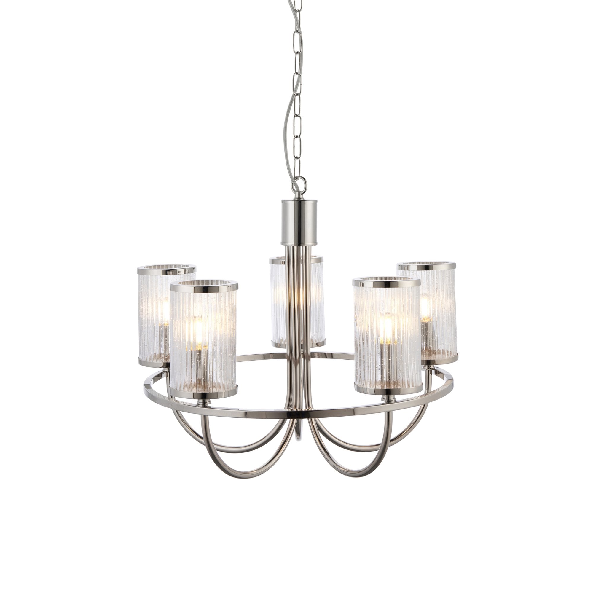 Endon Henbury 5 Light Ceiling Pendant - Bright Nickel & Ribbed Bubble Glass Shades