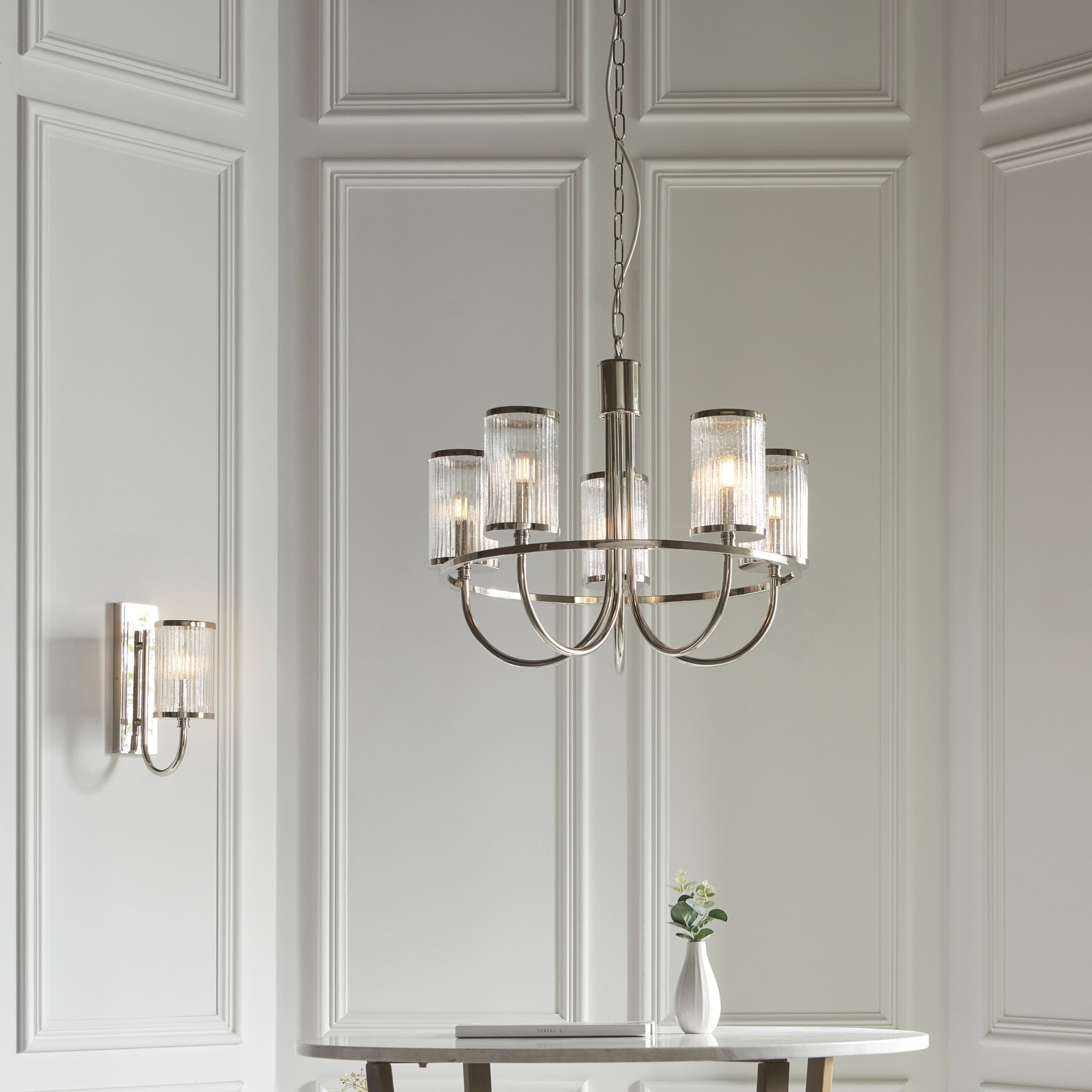 Endon Henbury 5 Light Ceiling Pendant - Bright Nickel & Ribbed Bubble Glass Shades