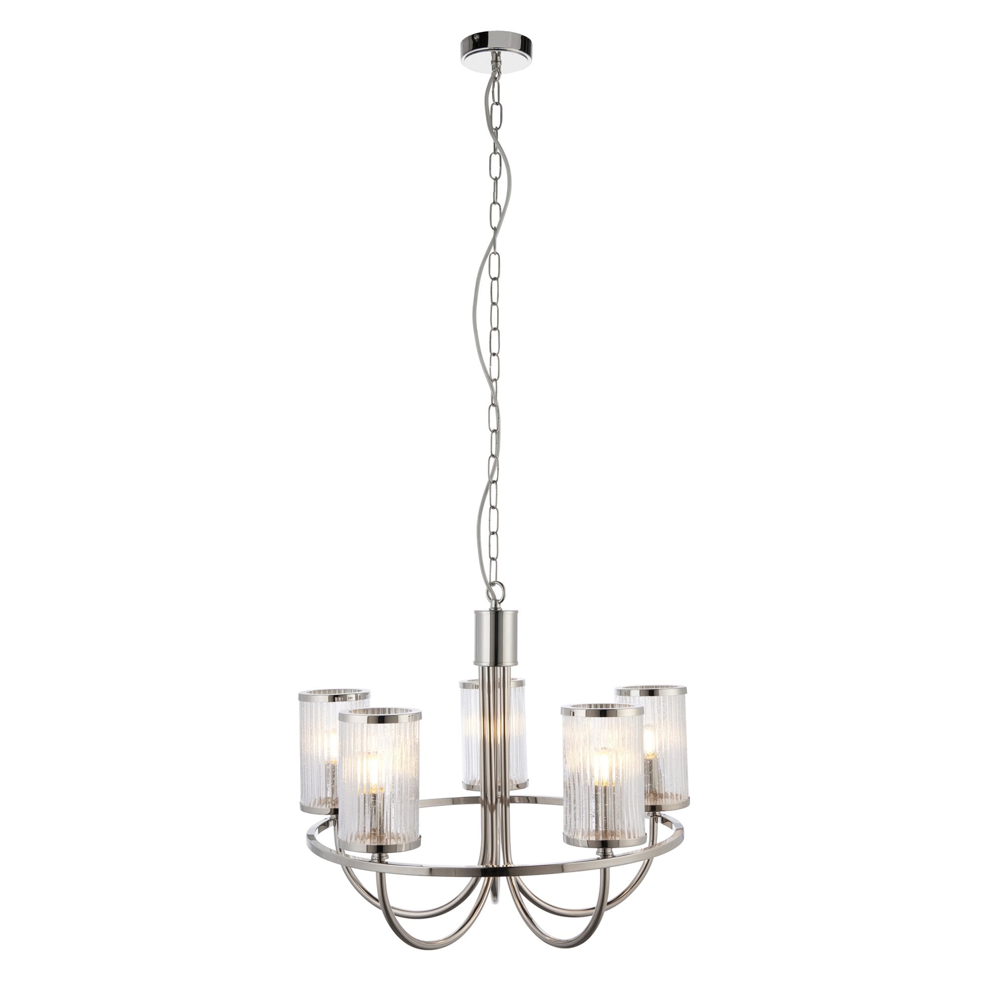 Endon Henbury 5 Light Ceiling Pendant - Bright Nickel & Ribbed Bubble Glass Shades