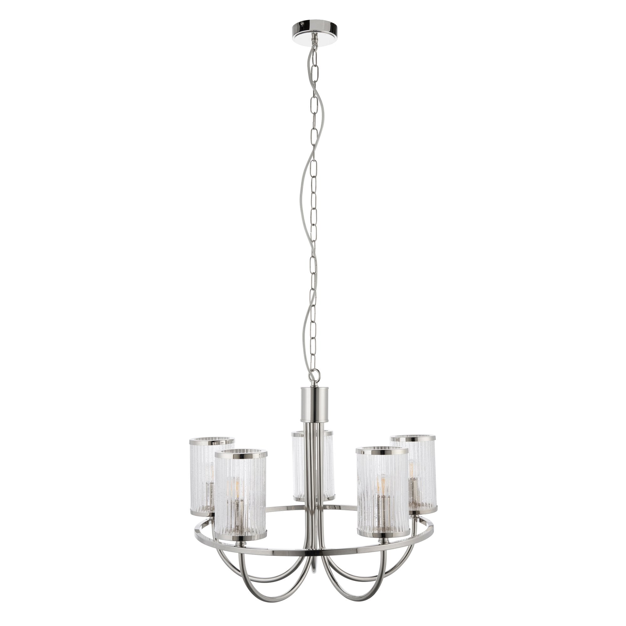 Endon Henbury 5 Light Ceiling Pendant - Bright Nickel & Ribbed Bubble Glass Shades