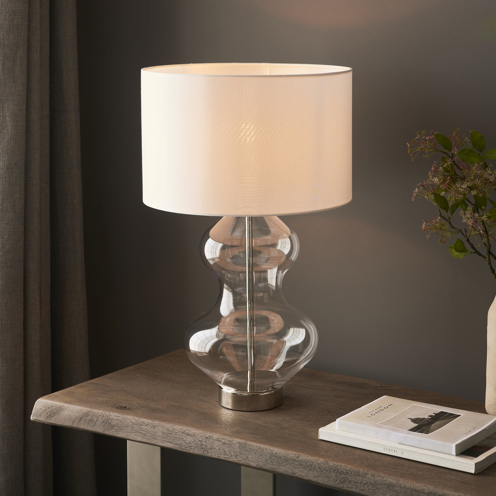 Endon Kelda Shaped Touch Table Lamp - Bright Nickel & Vintage White Shade