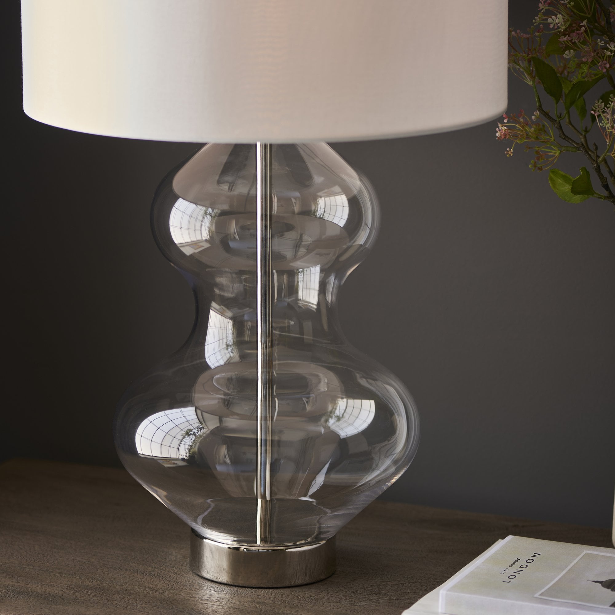 Endon Kelda Shaped Touch Table Lamp - Bright Nickel & Vintage White Shade