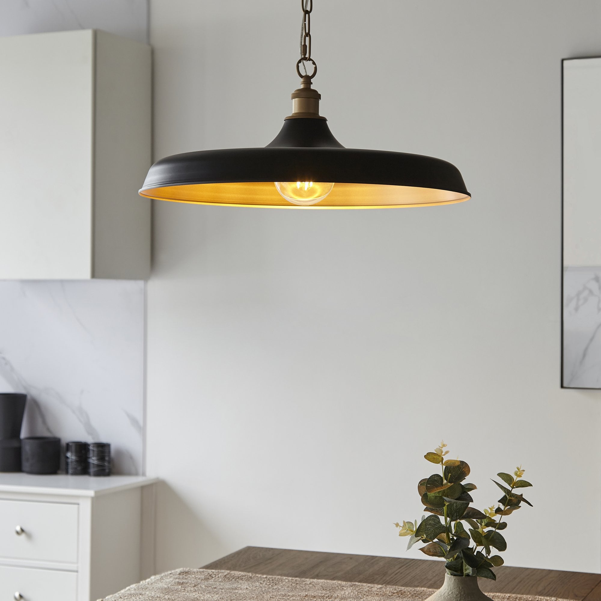Utopia Vogue Mid Century Single Pendant Light - Matt Black & Satin Gold