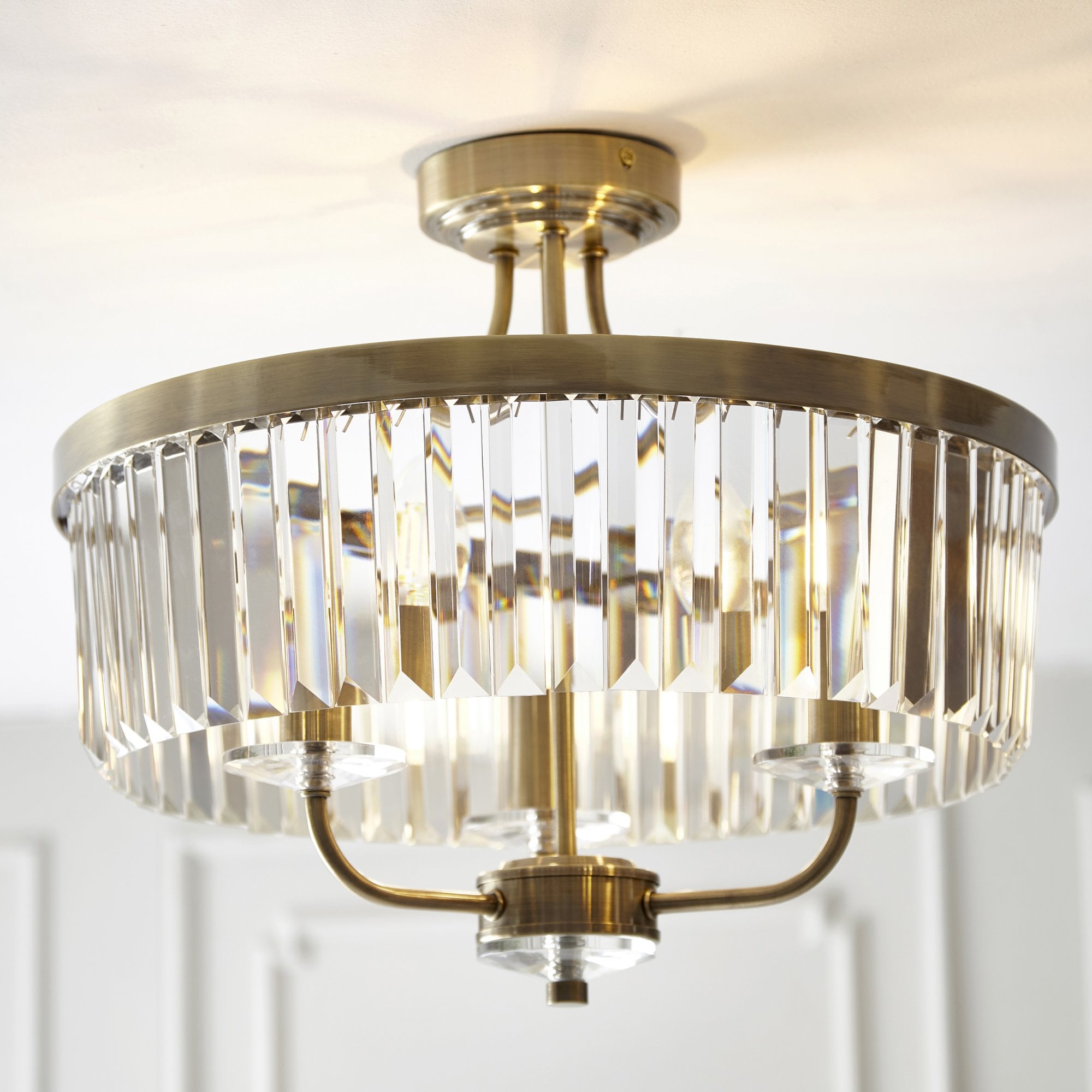 Utopia Martini 3 Light Semi Flush Fitting - Antique Brass & Clear Cut Glass