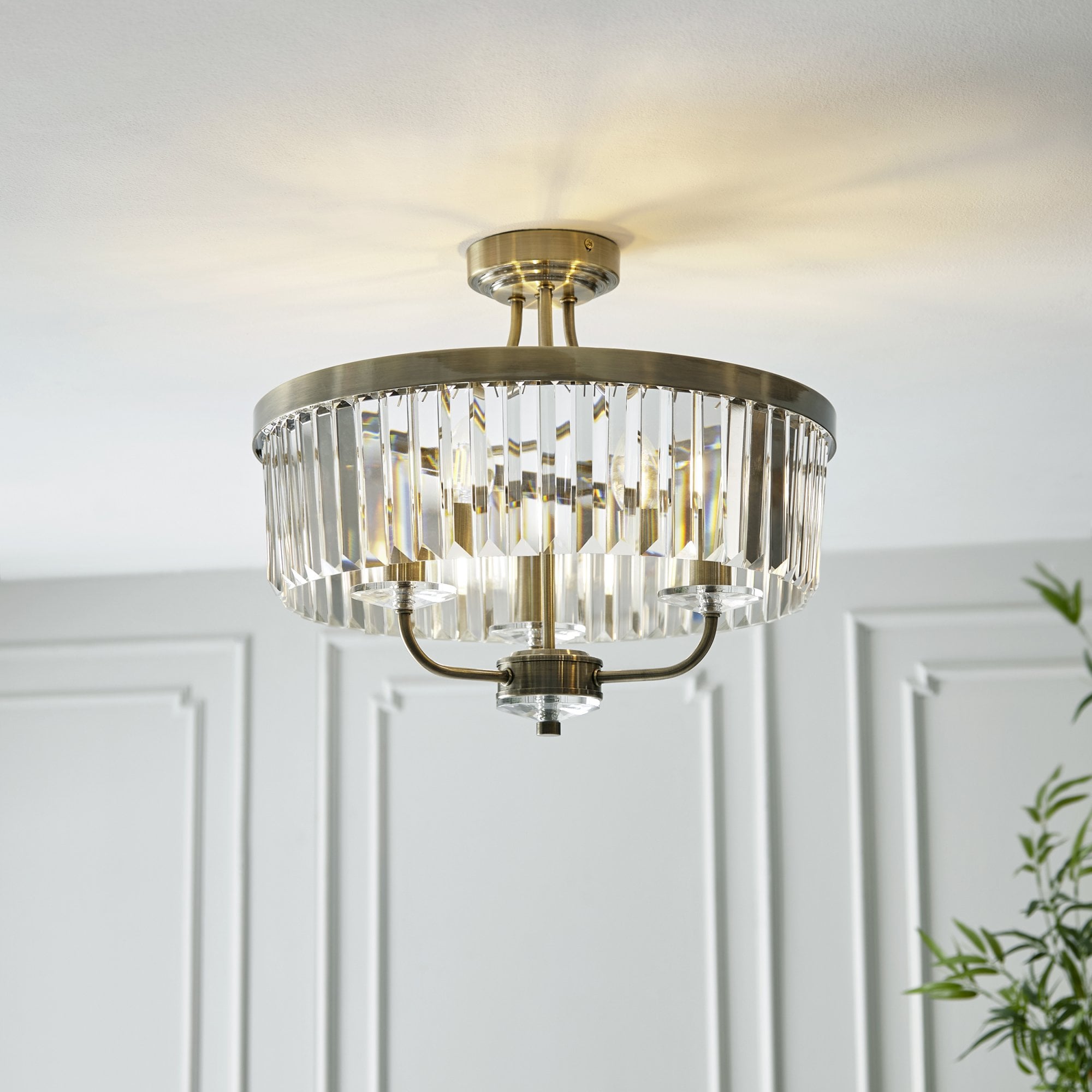 Utopia Martini 3 Light Semi Flush Fitting - Antique Brass & Clear Cut Glass