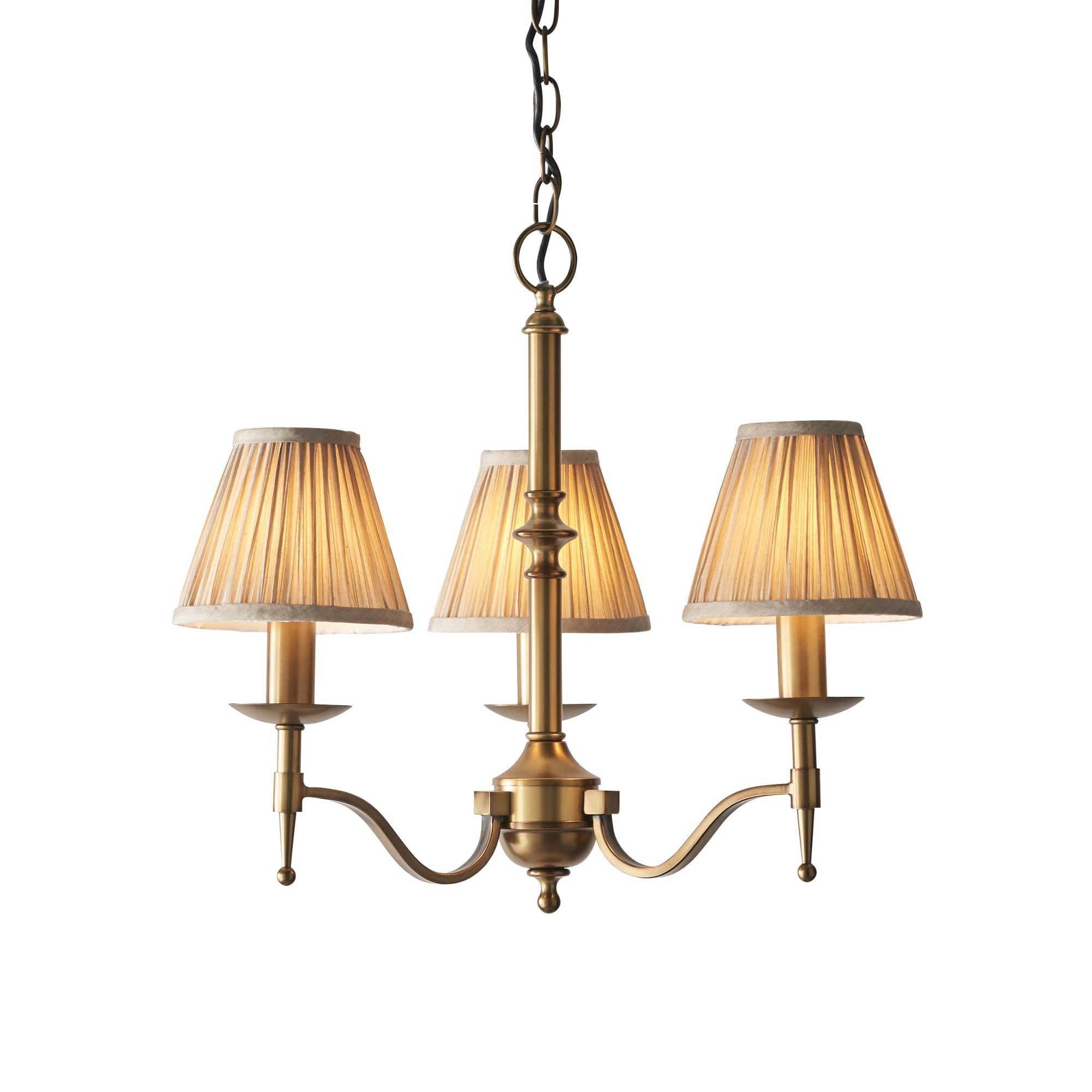 Interiors 1900 Stanford 3 Light Arm Pendant - Antique Brass & Beige Organza Shades