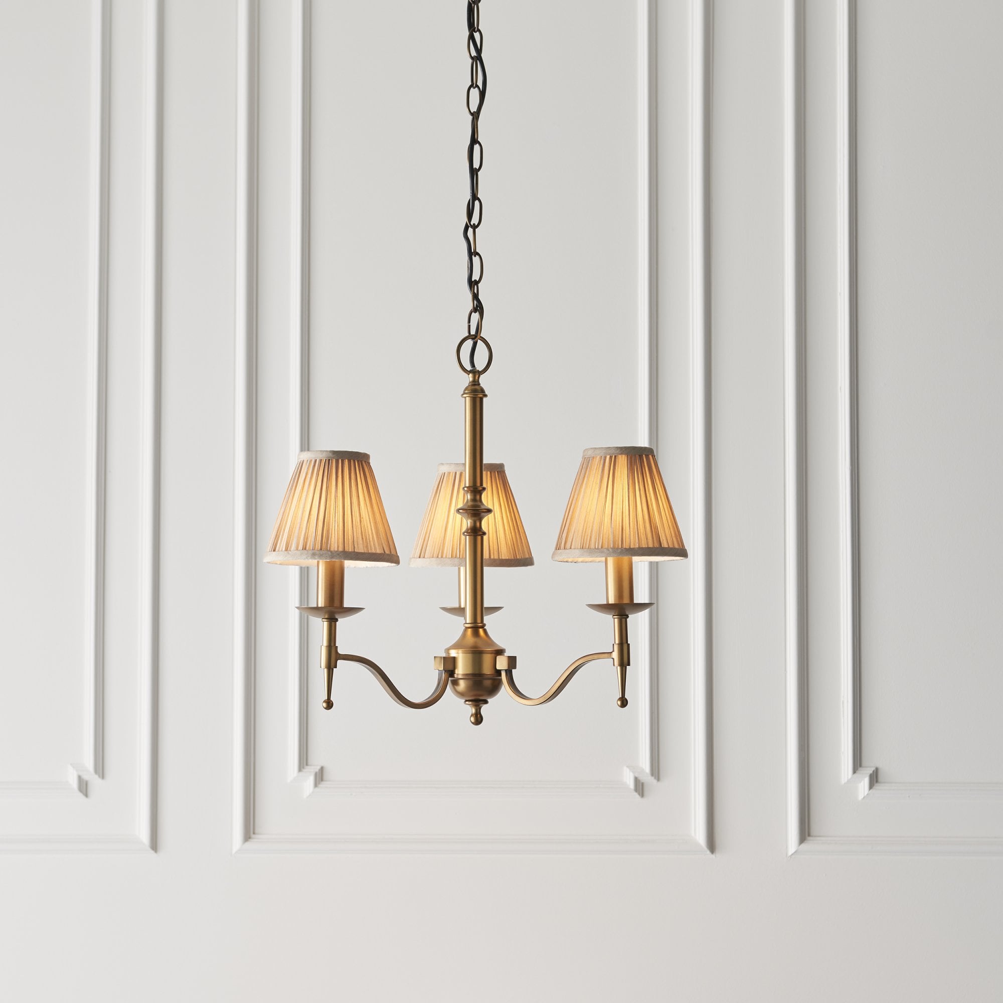 Interiors 1900 Stanford 3 Light Arm Pendant - Antique Brass & Beige Organza Shades