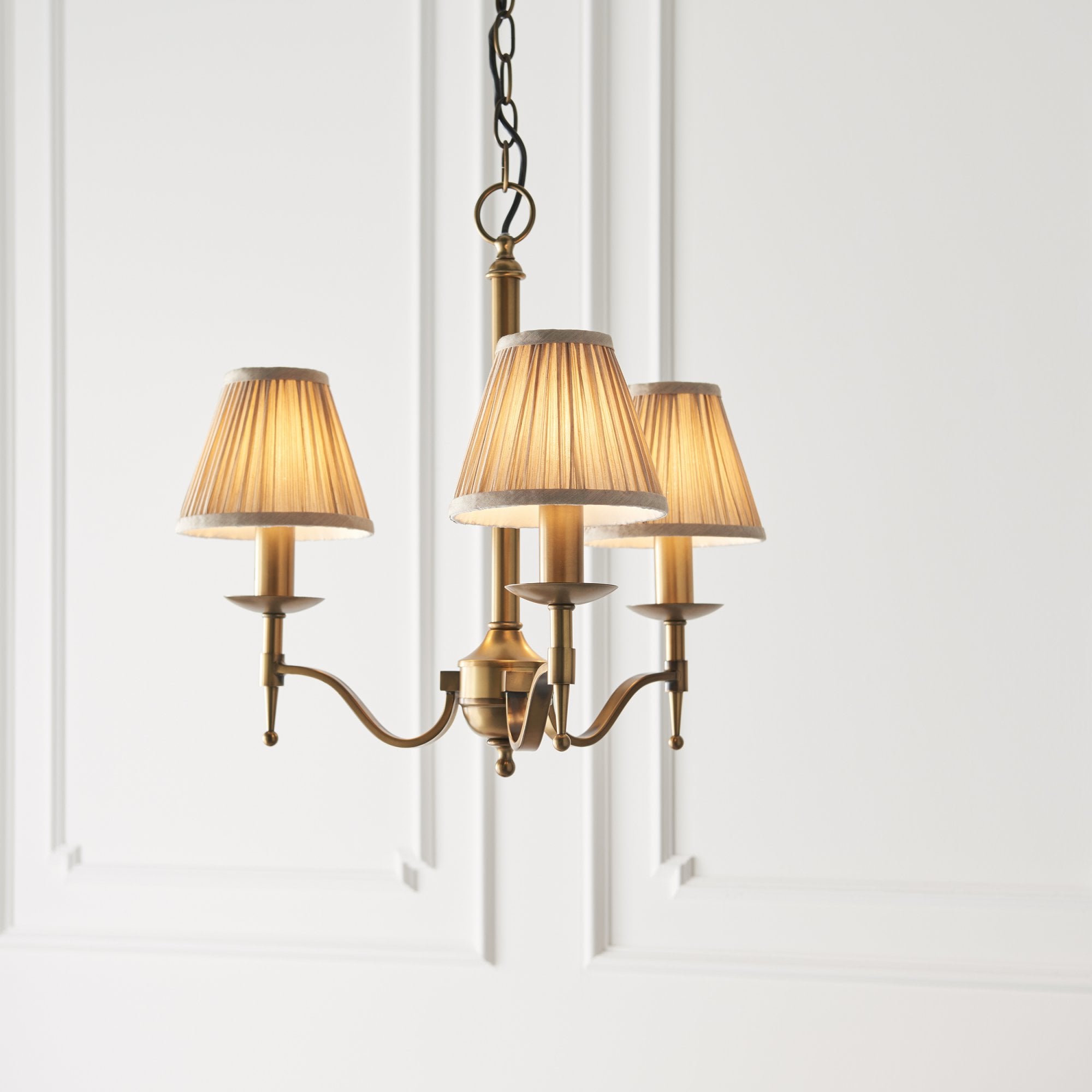 Interiors 1900 Stanford 3 Light Arm Pendant - Antique Brass & Beige Organza Shades