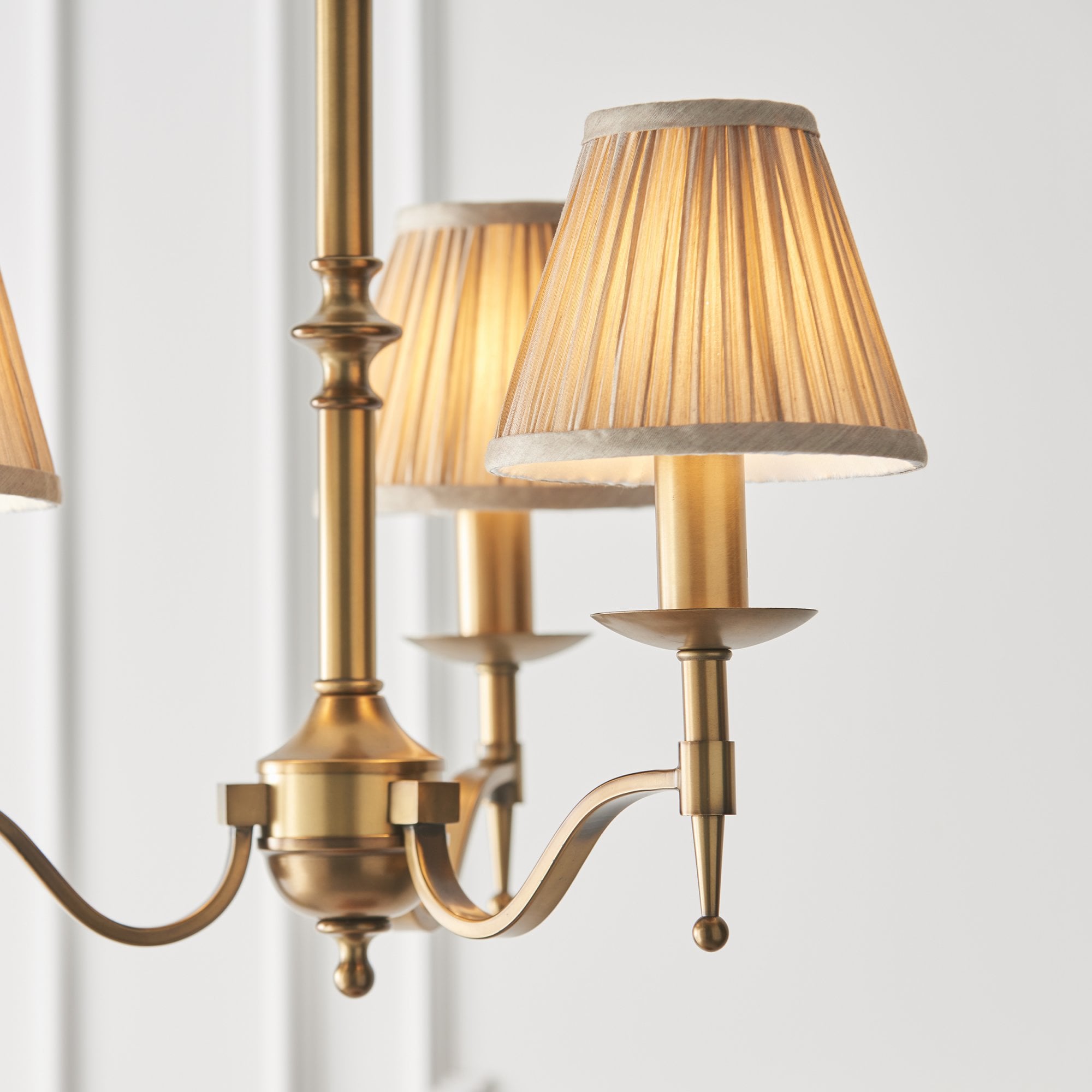 Interiors 1900 Stanford 3 Light Arm Pendant - Antique Brass & Beige Organza Shades