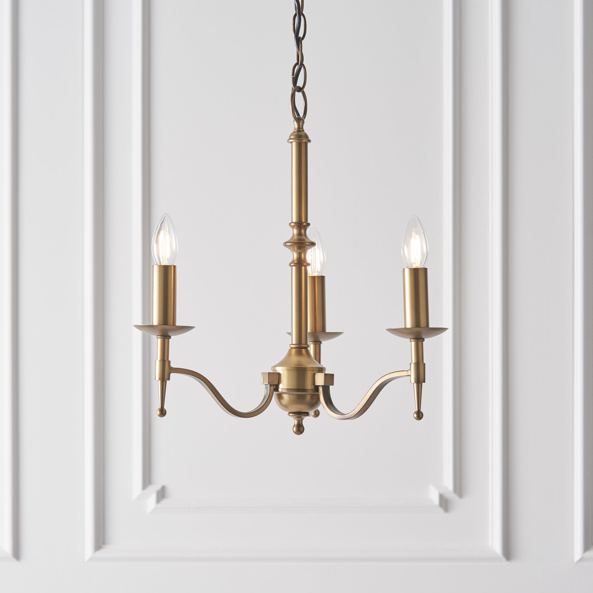 Interiors 1900 Stanford 3 Light Arm Pendant - Antique Brass & Beige Organza Shades