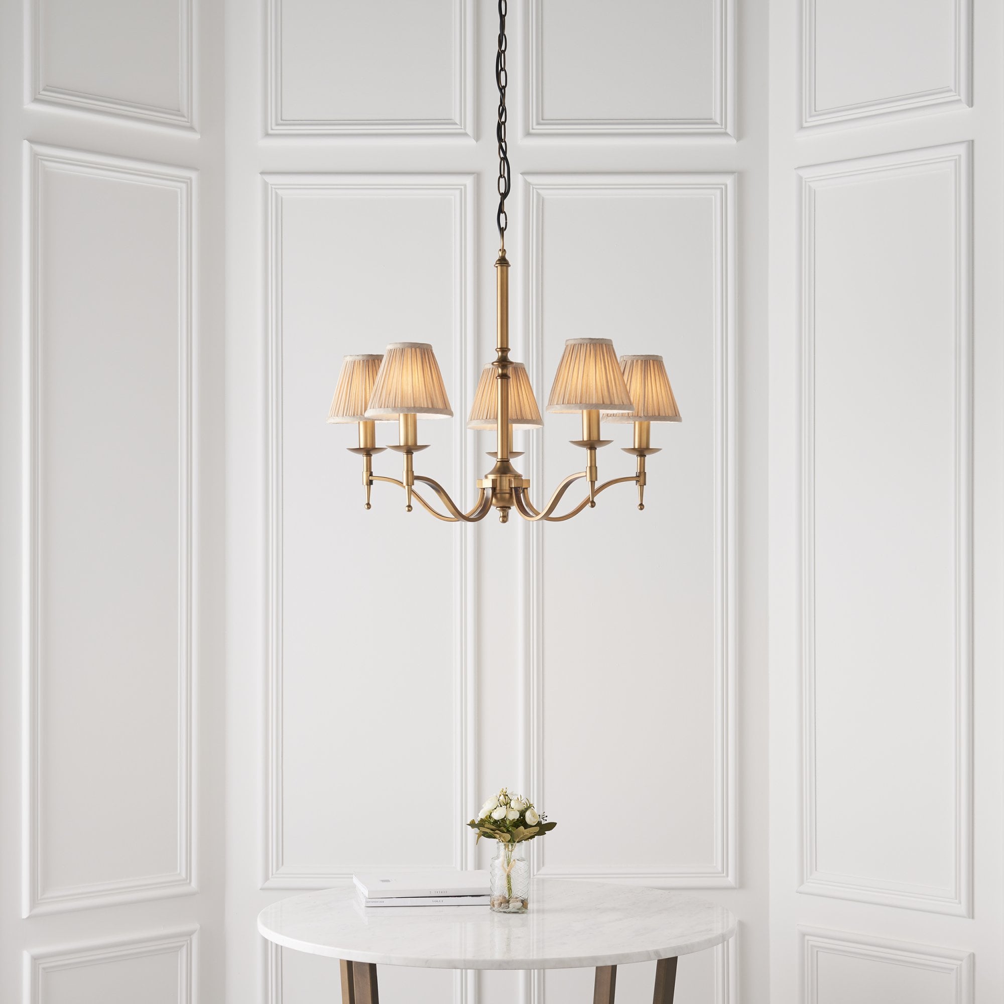 Interiors 1900 Stanford 5 Light Pendant - Antique Brass & Beige Organza Shades