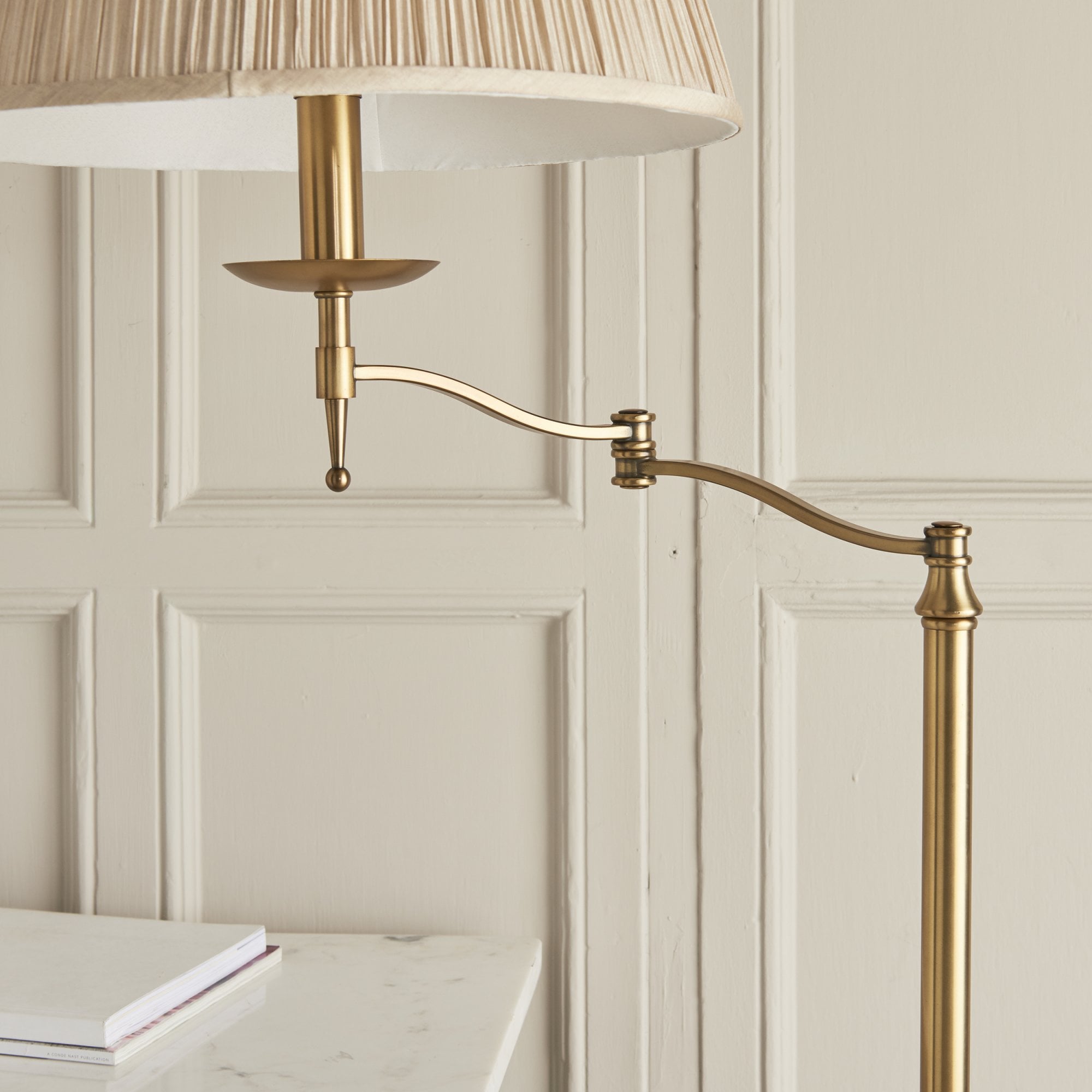 Interiors 1900 Stanford Swing Arm Floor Lamp - Antique Brass & Beige Shade