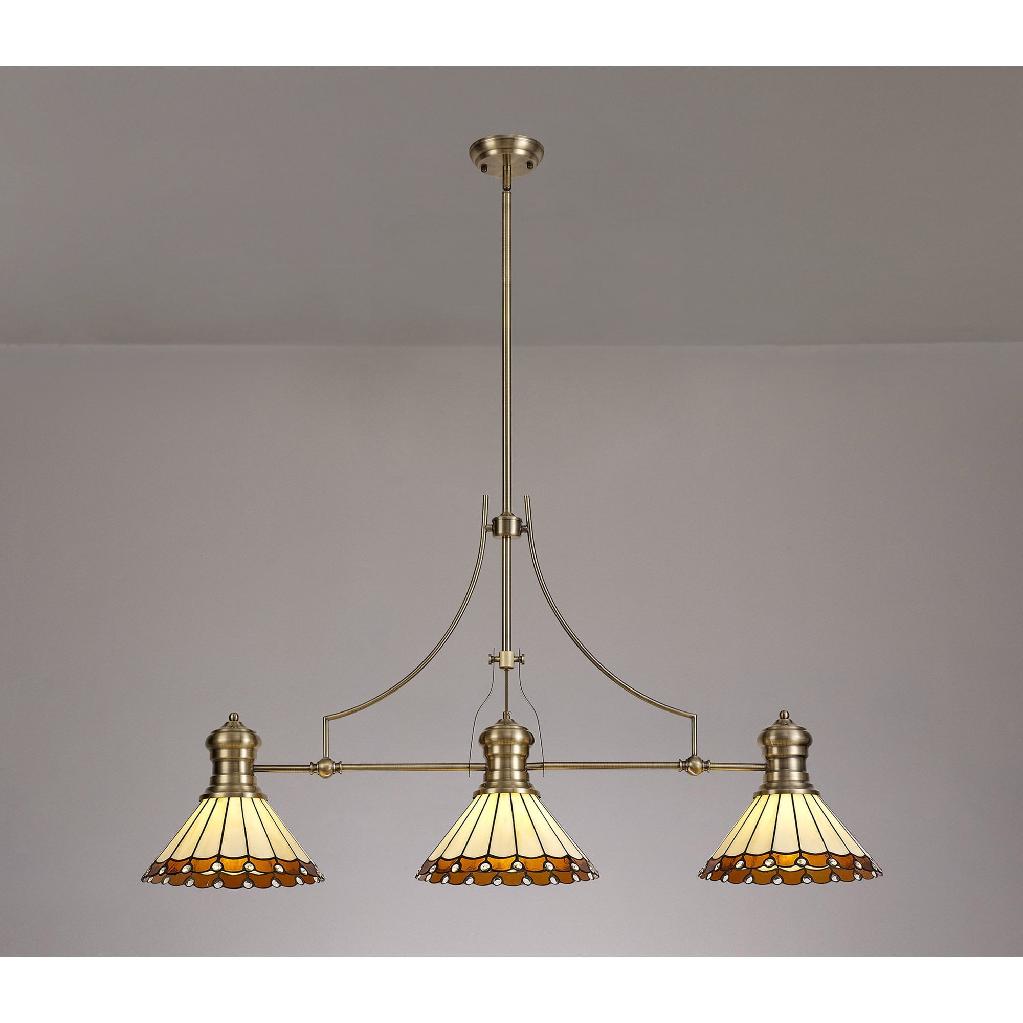 Fabula Amberley 3 Light Linear Pendant - 30cm Tiffany Shade - Antique Brass, Amber & Cream