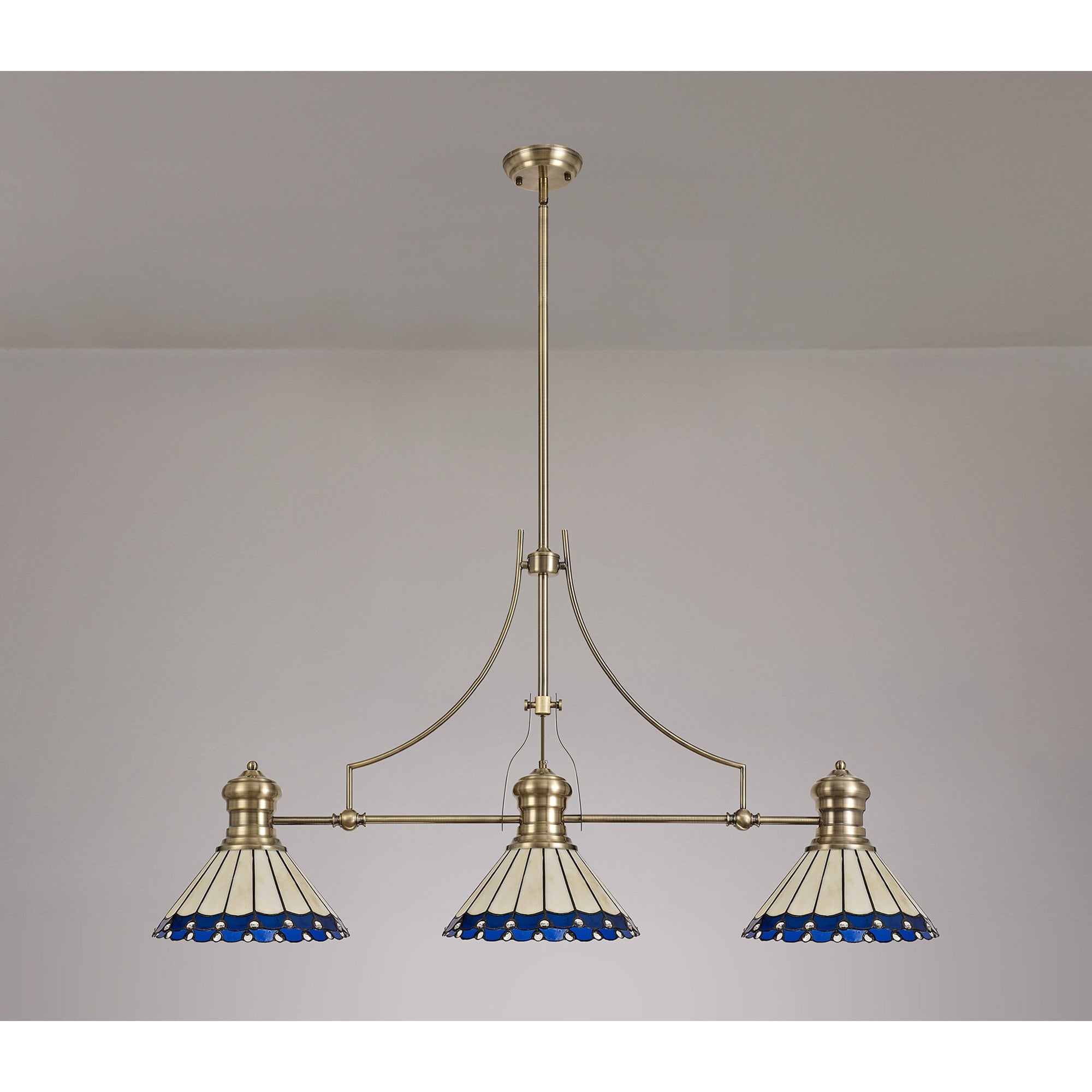 Fabula Amberley 3 Light Linear Pendant - 30cm Tiffany Shade - Antique Brass, Blue & Cream