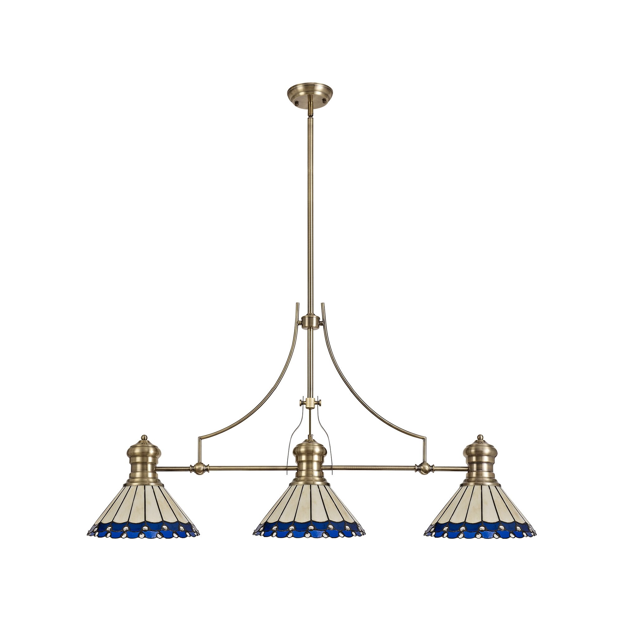 Fabula Amberley 3 Light Linear Pendant - 30cm Tiffany Shade - Antique Brass, Blue & Cream
