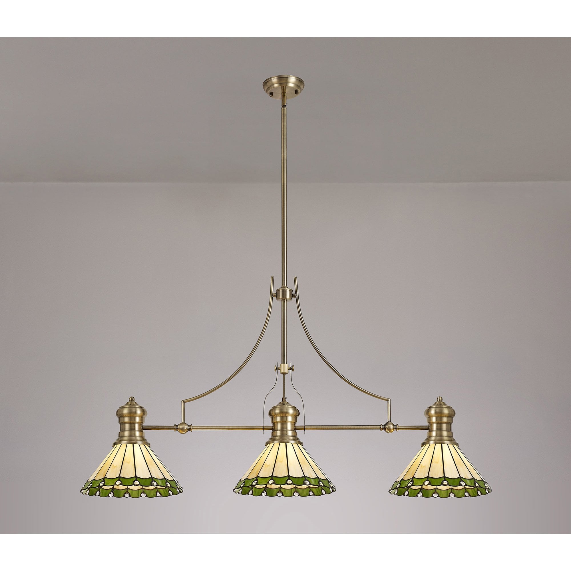 Fabula Amberley 3 Light Linear Pendant - 30cm Tiffany Shade - Antique Brass, Green & Cream