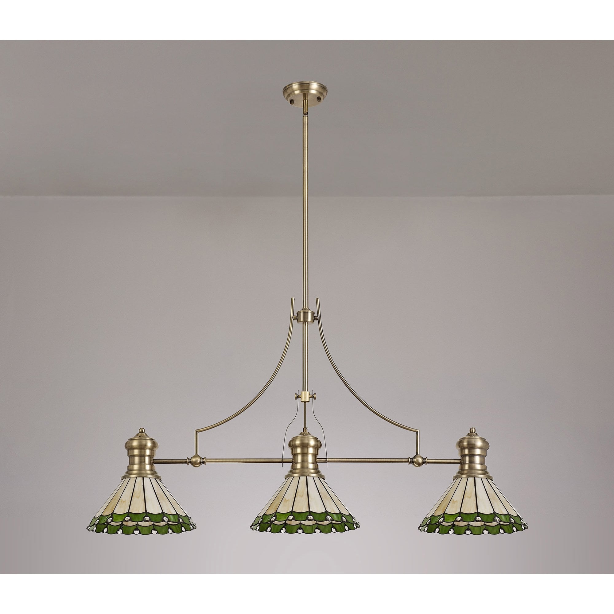 Fabula Amberley 3 Light Linear Pendant - 30cm Tiffany Shade - Antique Brass, Green & Cream