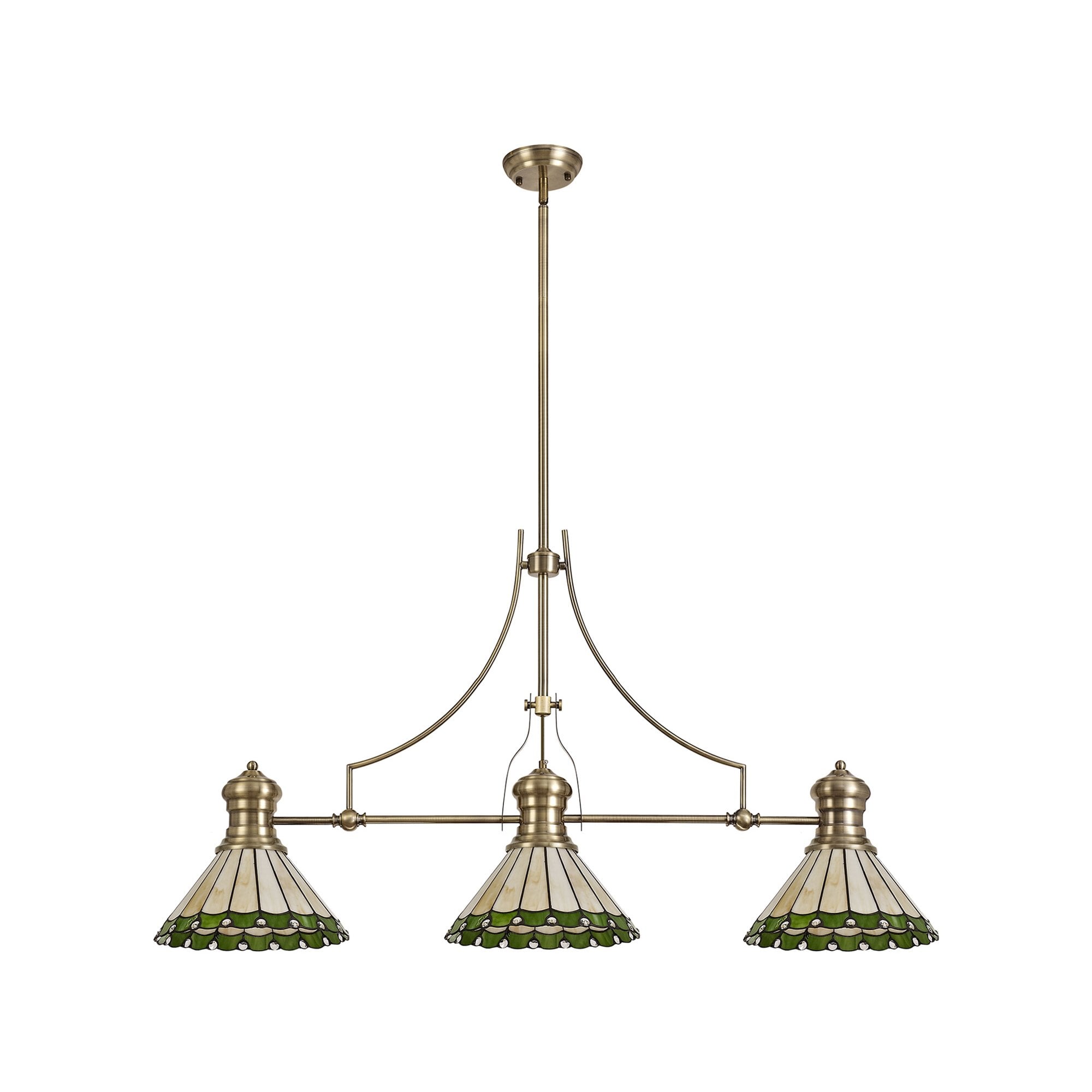 Fabula Amberley 3 Light Linear Pendant - 30cm Tiffany Shade - Antique Brass, Green & Cream