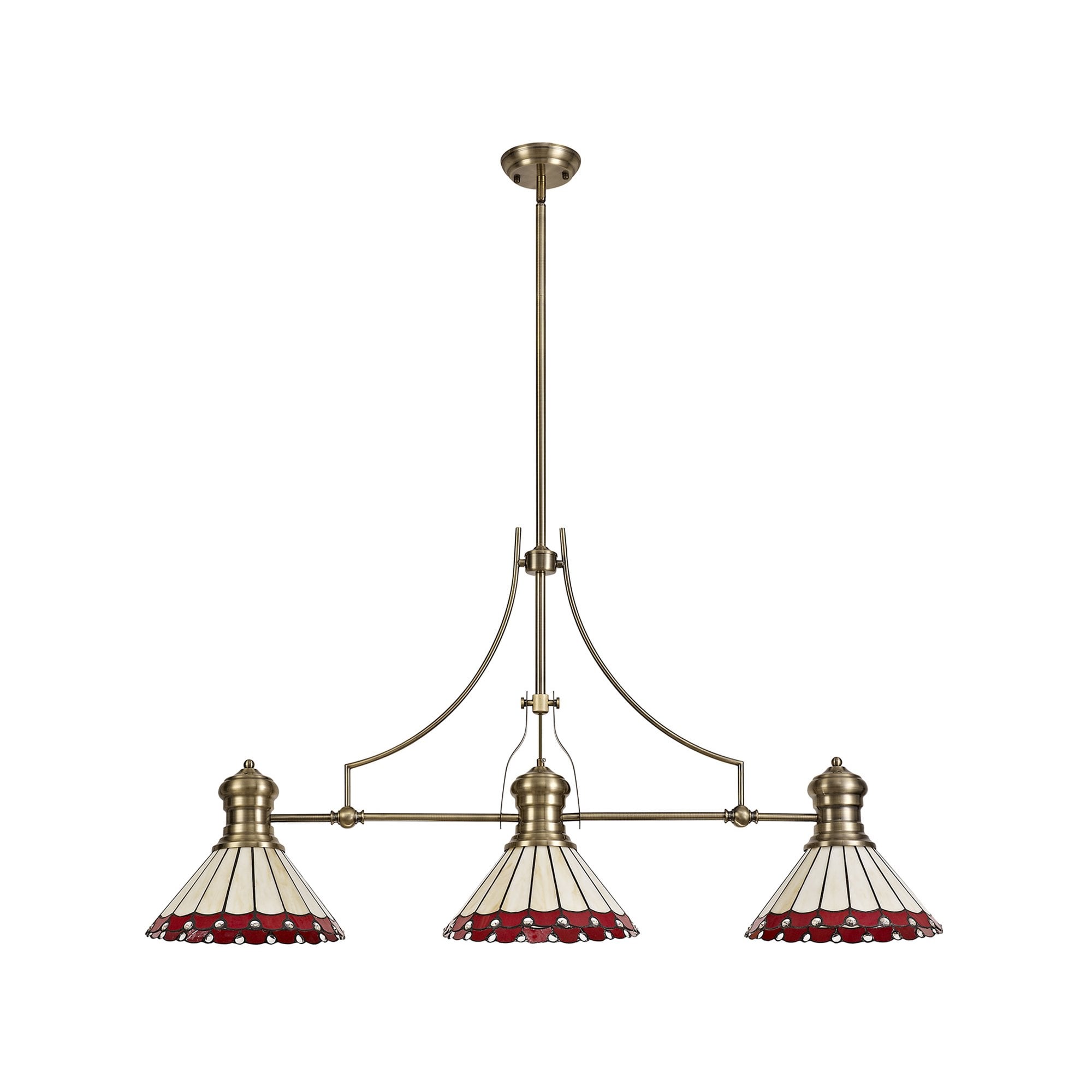 Fabula Amberley 3 Light Linear Pendant - 30cm Tiffany Shade - Antique Brass, Red & Cream