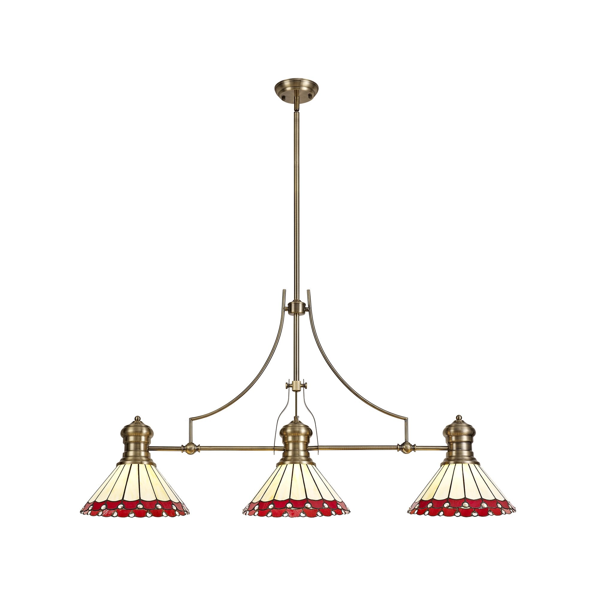 Fabula Amberley 3 Light Linear Pendant - 30cm Tiffany Shade - Antique Brass, Red & Cream