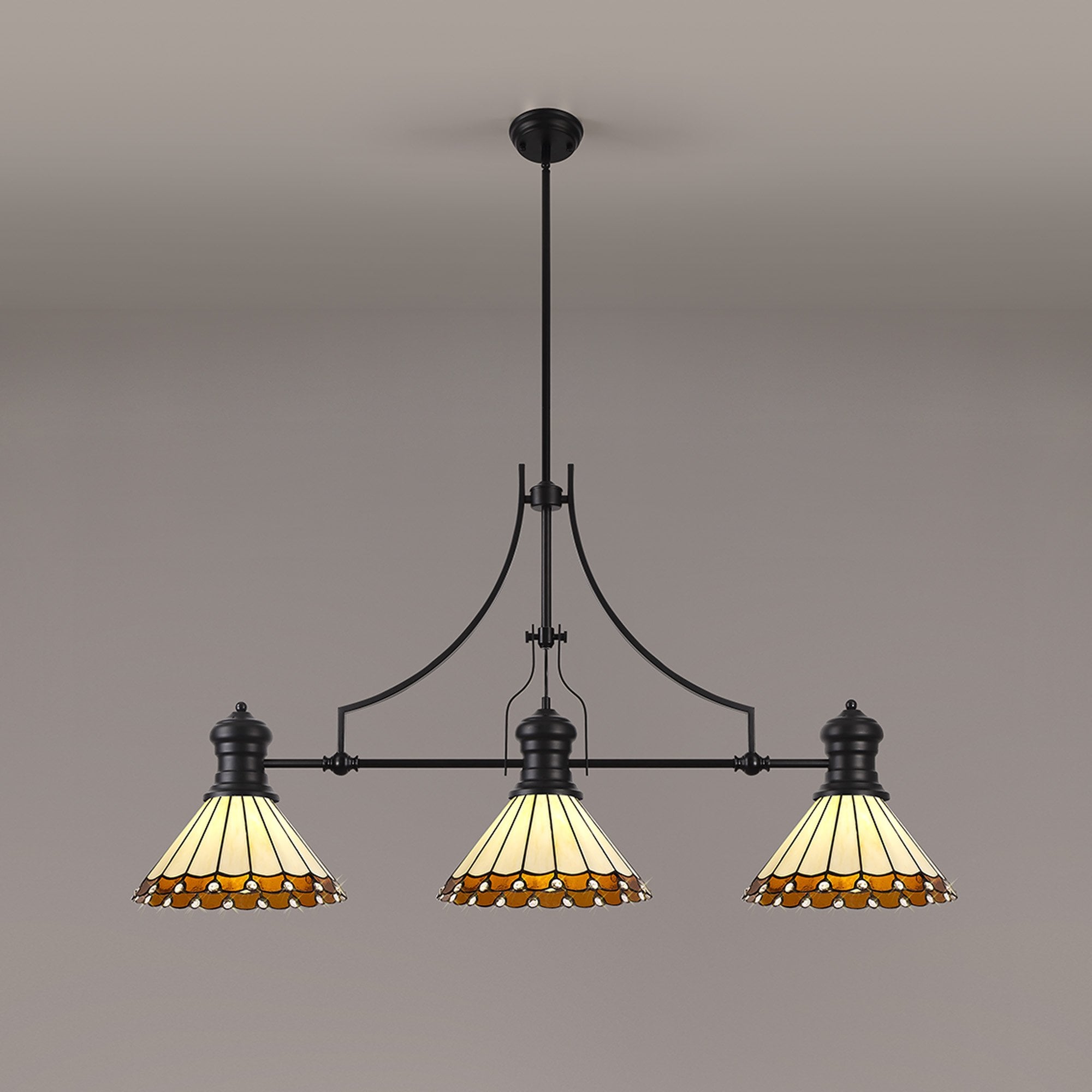 Fabula Amberley 3 Light Linear Pendant - 30cm Tiffany Shade - Matt Black, Amber & Cream