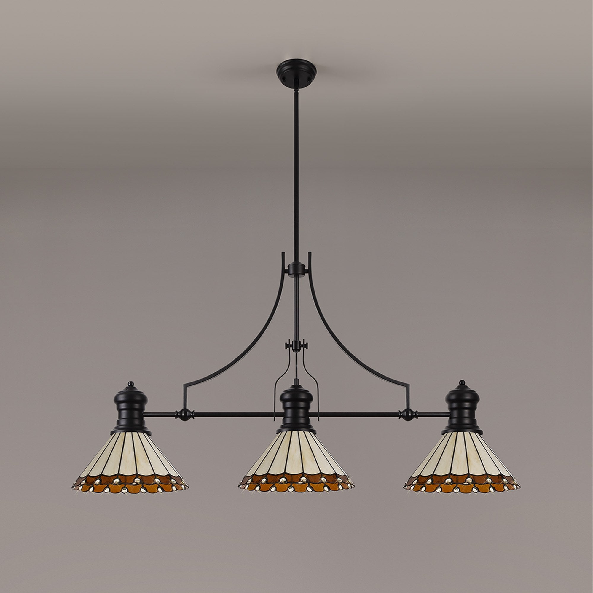 Fabula Amberley 3 Light Linear Pendant - 30cm Tiffany Shade - Matt Black, Amber & Cream