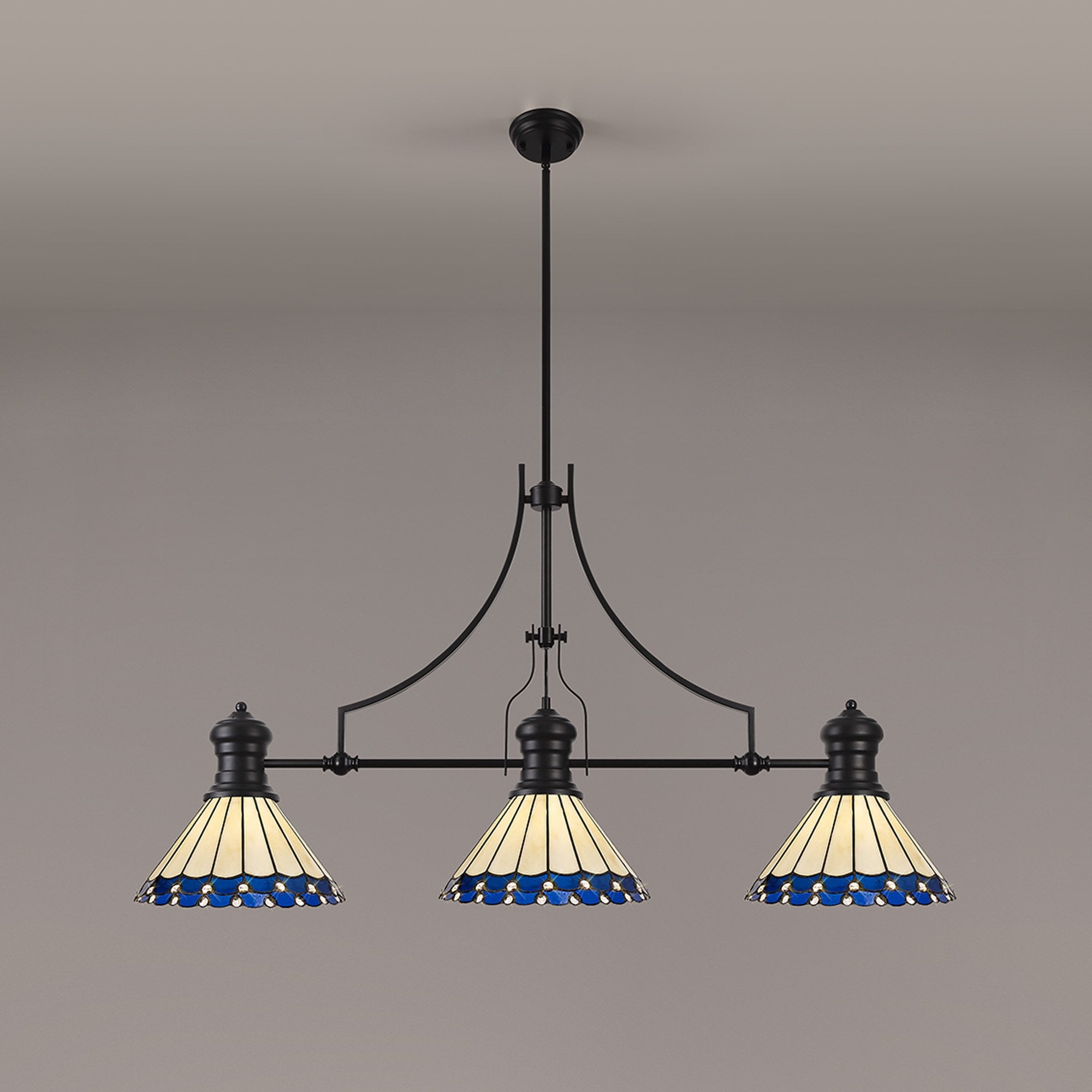 Fabula Amberley 3 Light Linear Pendant - 30cm Tiffany Shade - Matt Black, Blue & Cream