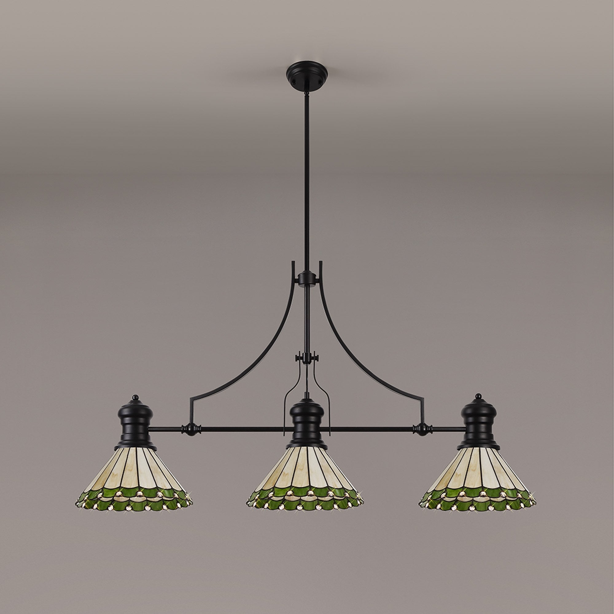 Fabula Amberley 3 Light Linear Pendant - 30cm Tiffany Shade - Matt Black, Green & Cream