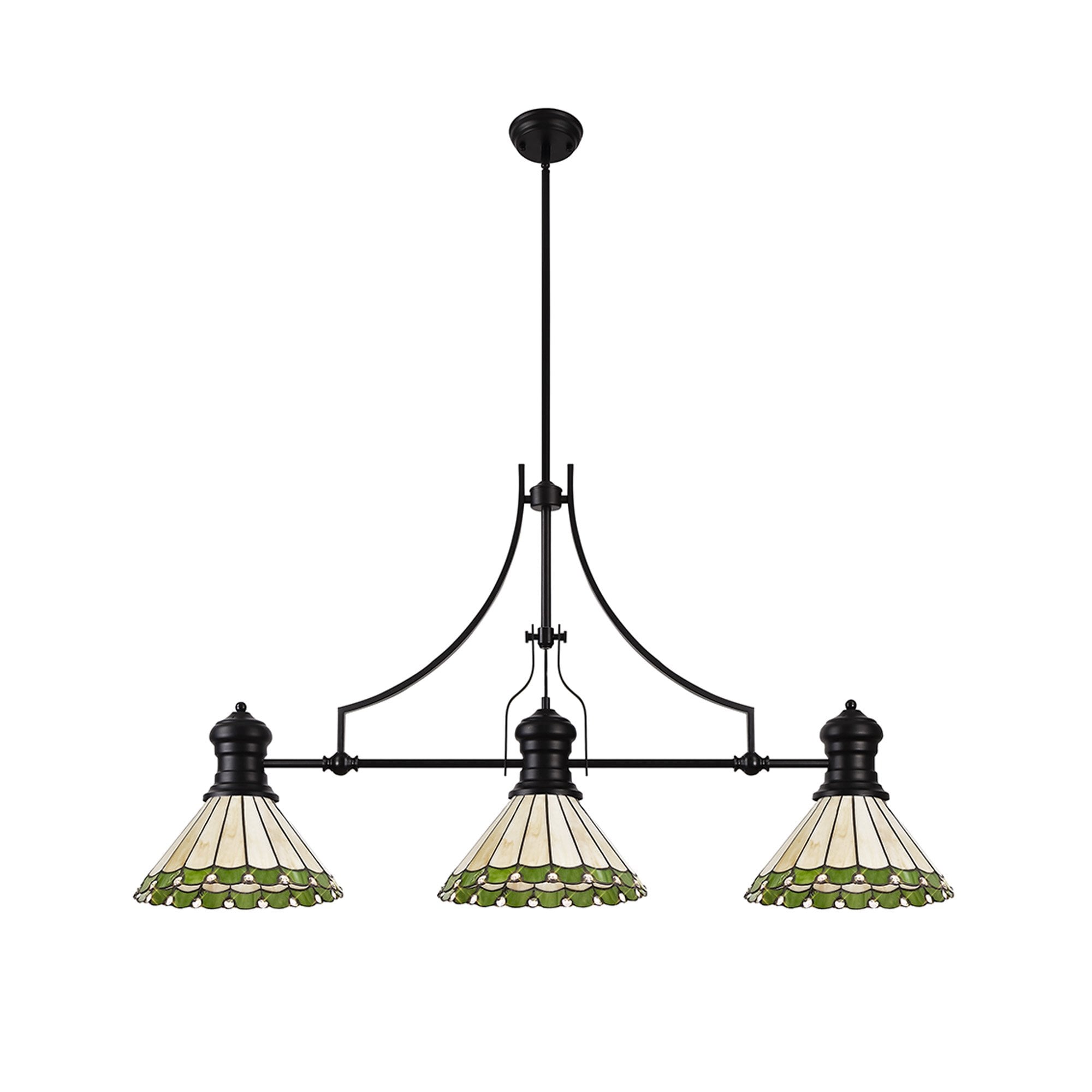 Fabula Amberley 3 Light Linear Pendant - 30cm Tiffany Shade - Matt Black, Green & Cream