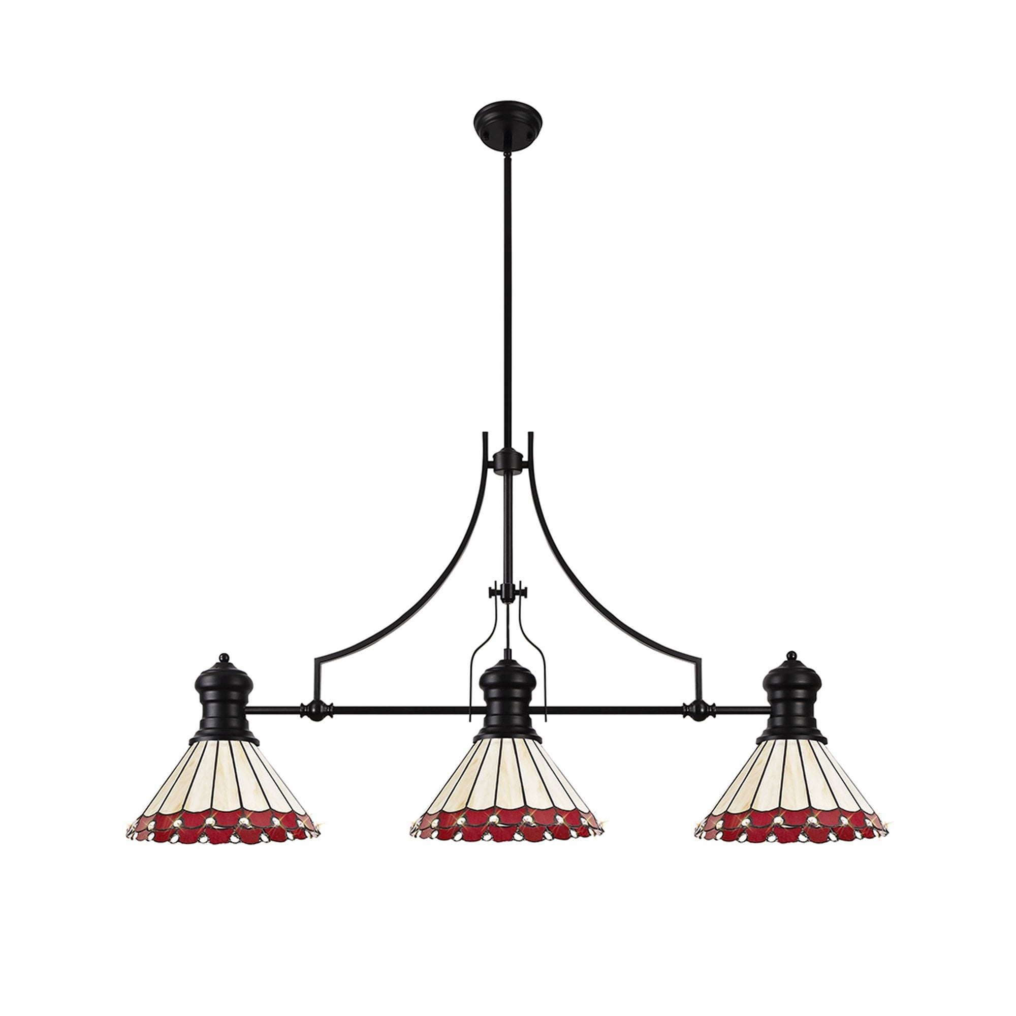 Fabula Amberley 3 Light Linear Pendant - 30cm Tiffany Shade - Matt Black, Red & Cream