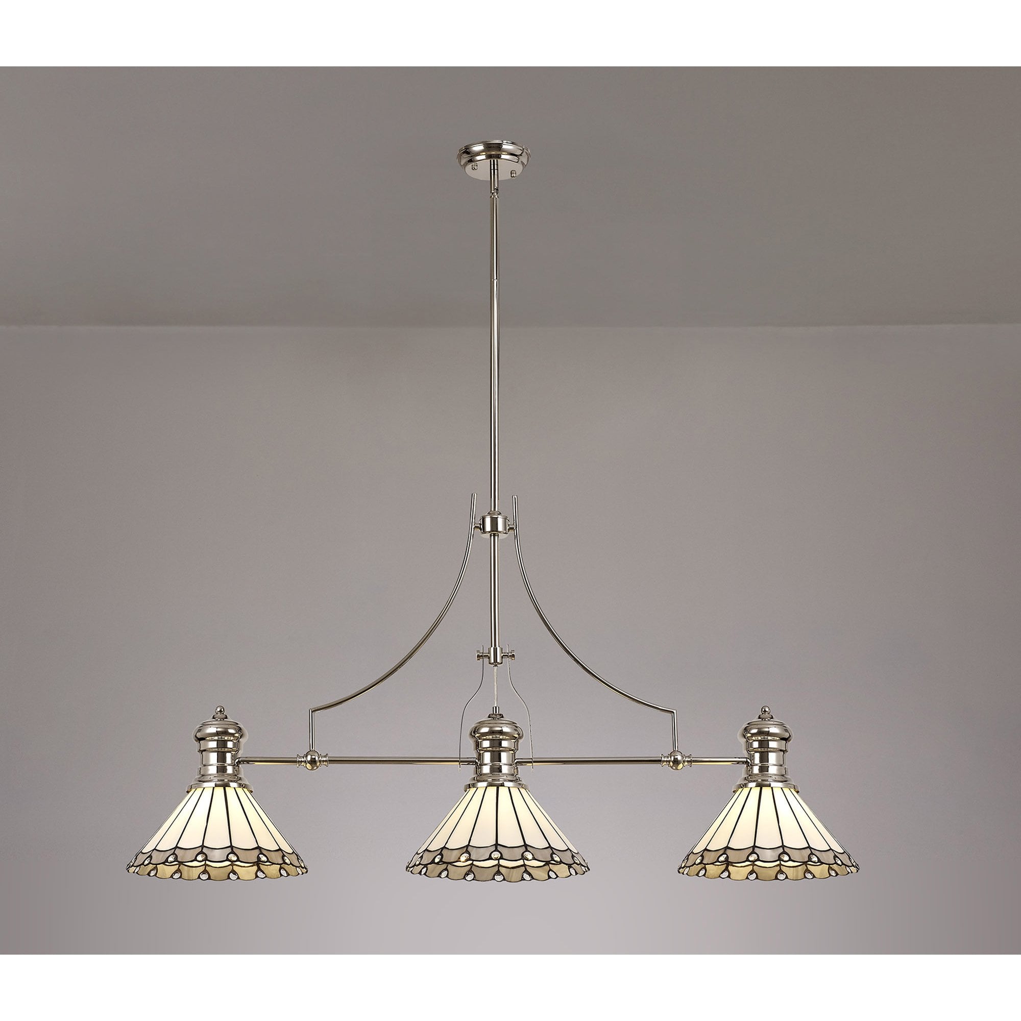 Fabula Amberley 3 Light Linear Pendant - 30cm Tiffany Shade - Polished Nickel, Grey & Cream