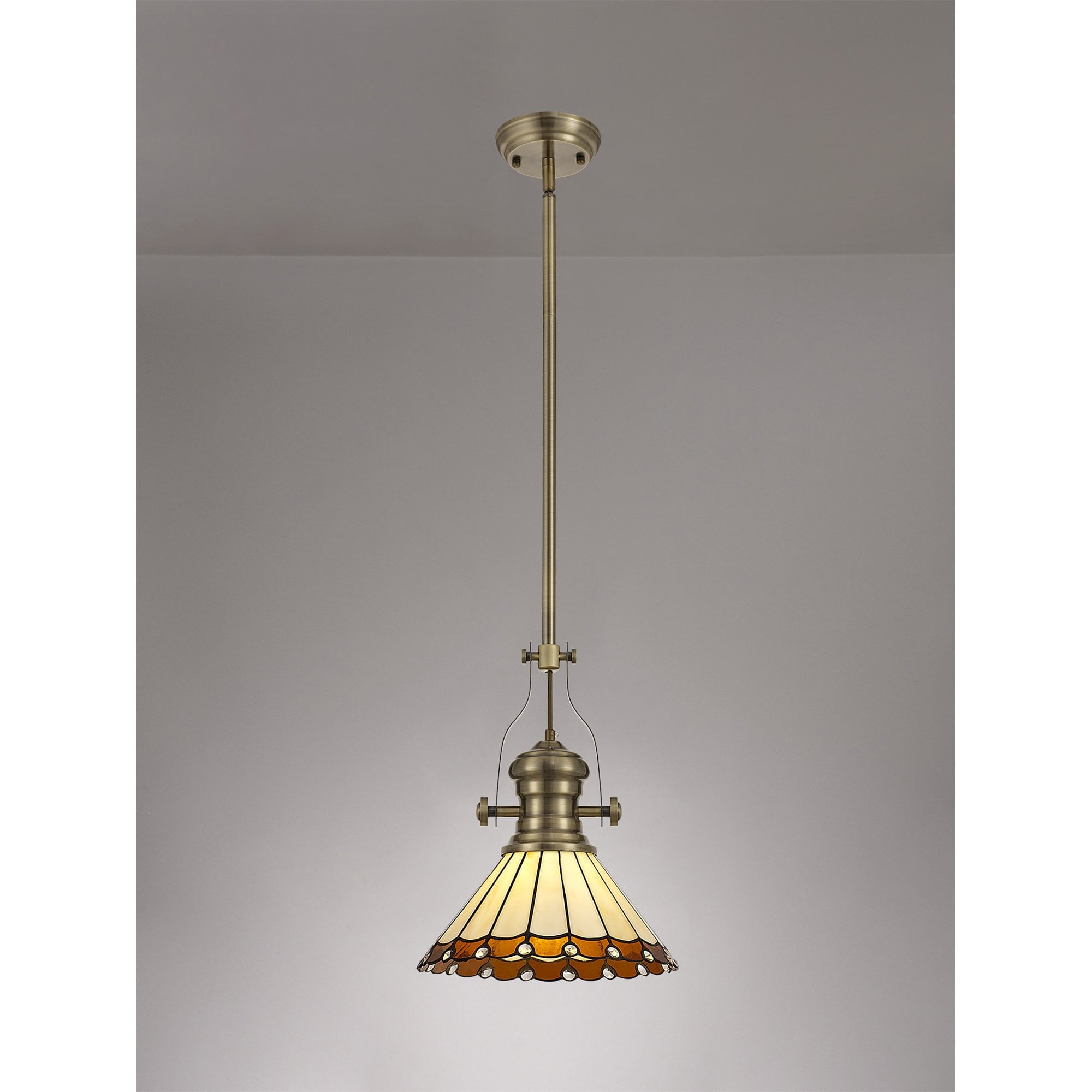 Fabula Amberley Single Pendant - 30cm Tiffany Shade - Antique Brass, Amber & Cream