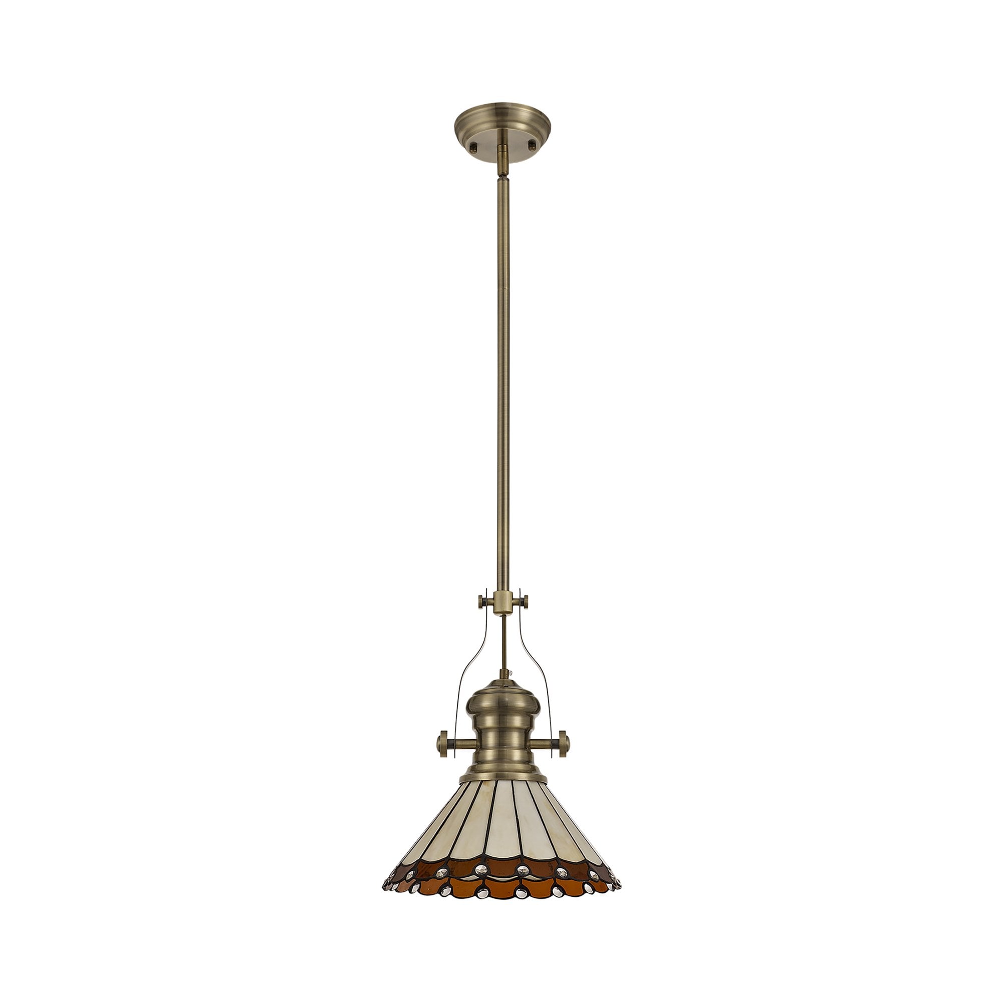 Fabula Amberley Single Pendant - 30cm Tiffany Shade - Antique Brass, Amber & Cream