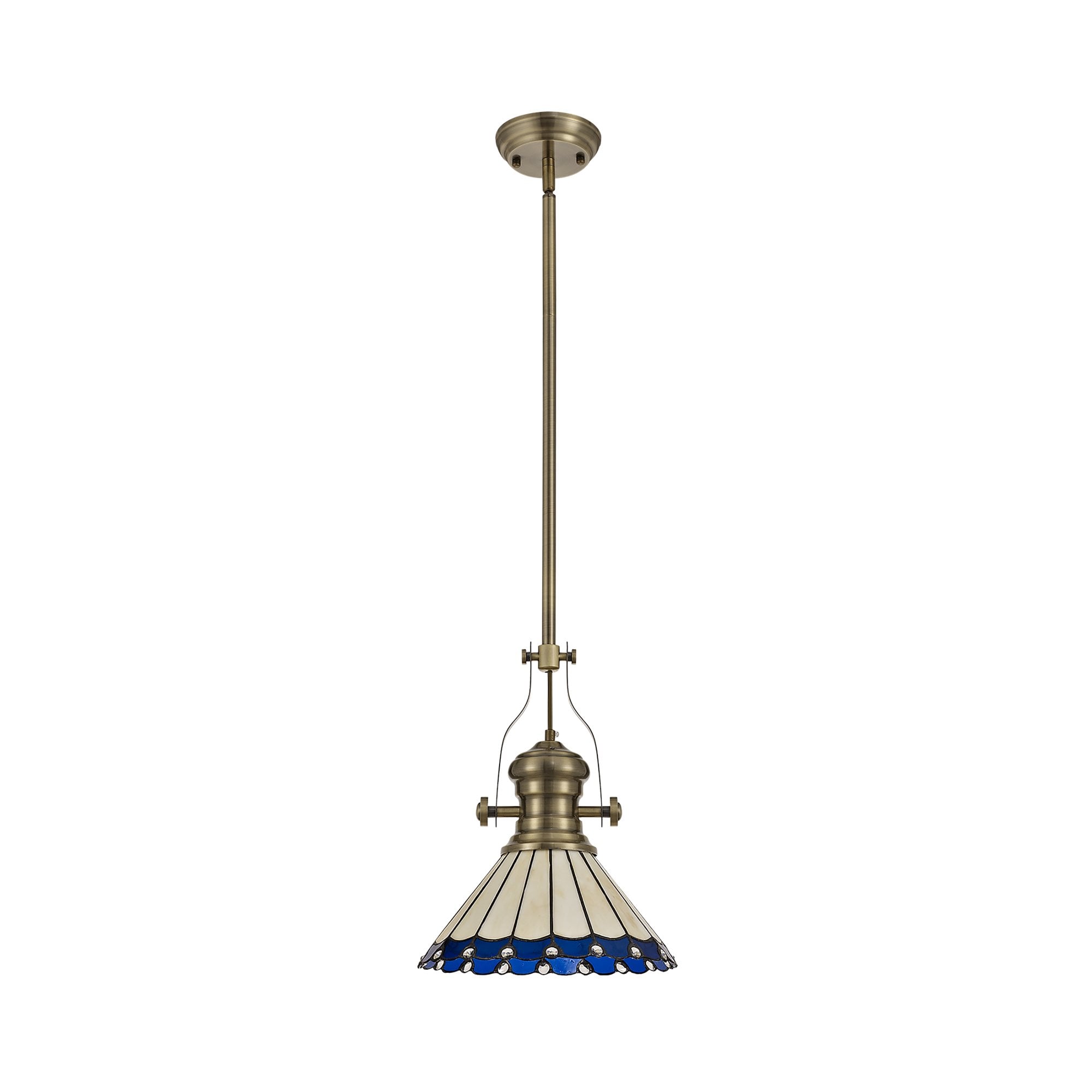 Fabula Amberley Single Pendant - 30cm Tiffany Shade - Antique Brass, Blue & Cream