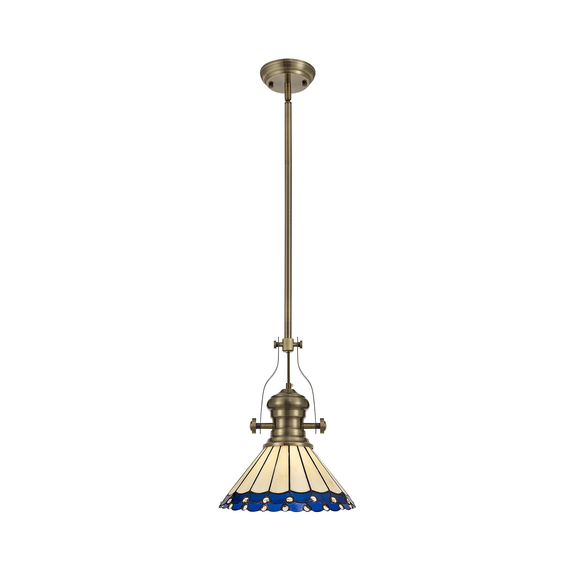 Fabula Amberley Single Pendant - 30cm Tiffany Shade - Antique Brass, Blue & Cream