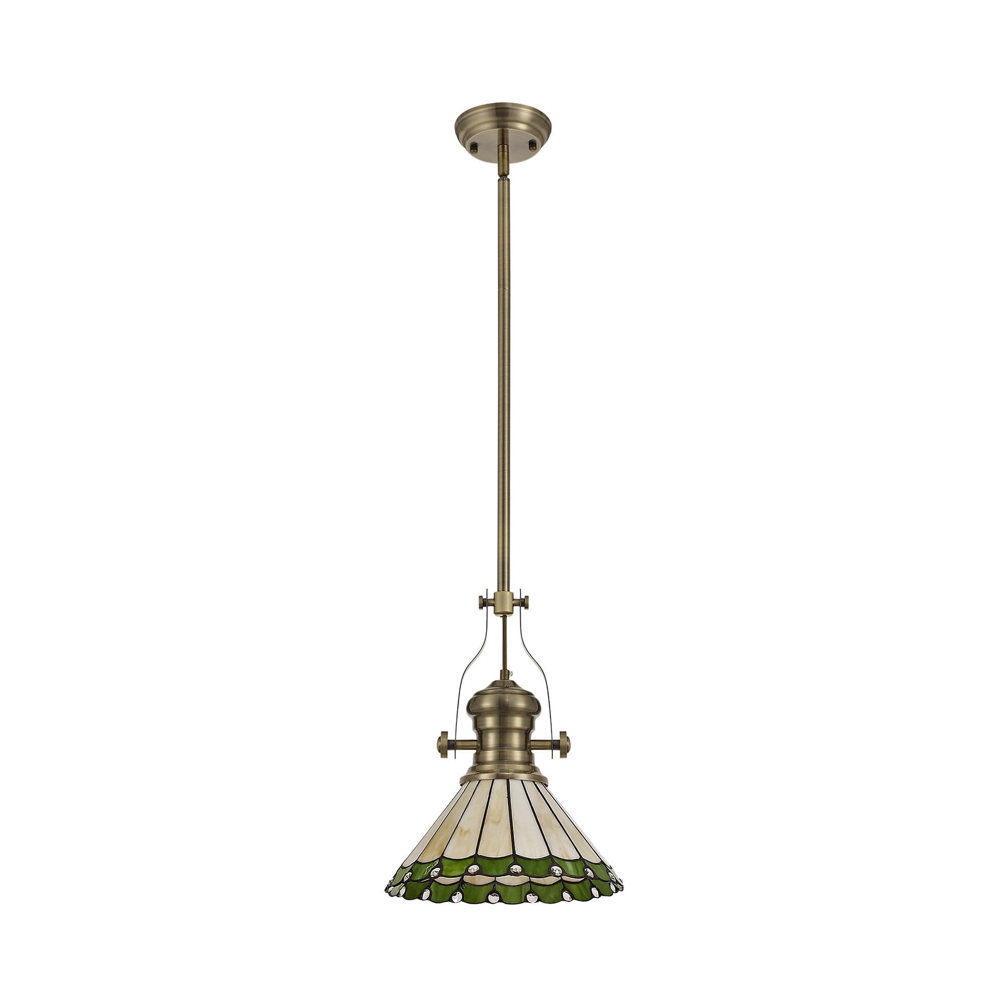 Fabula Amberley Single Pendant - 30cm Tiffany Shade - Antique Brass, Green & Cream
