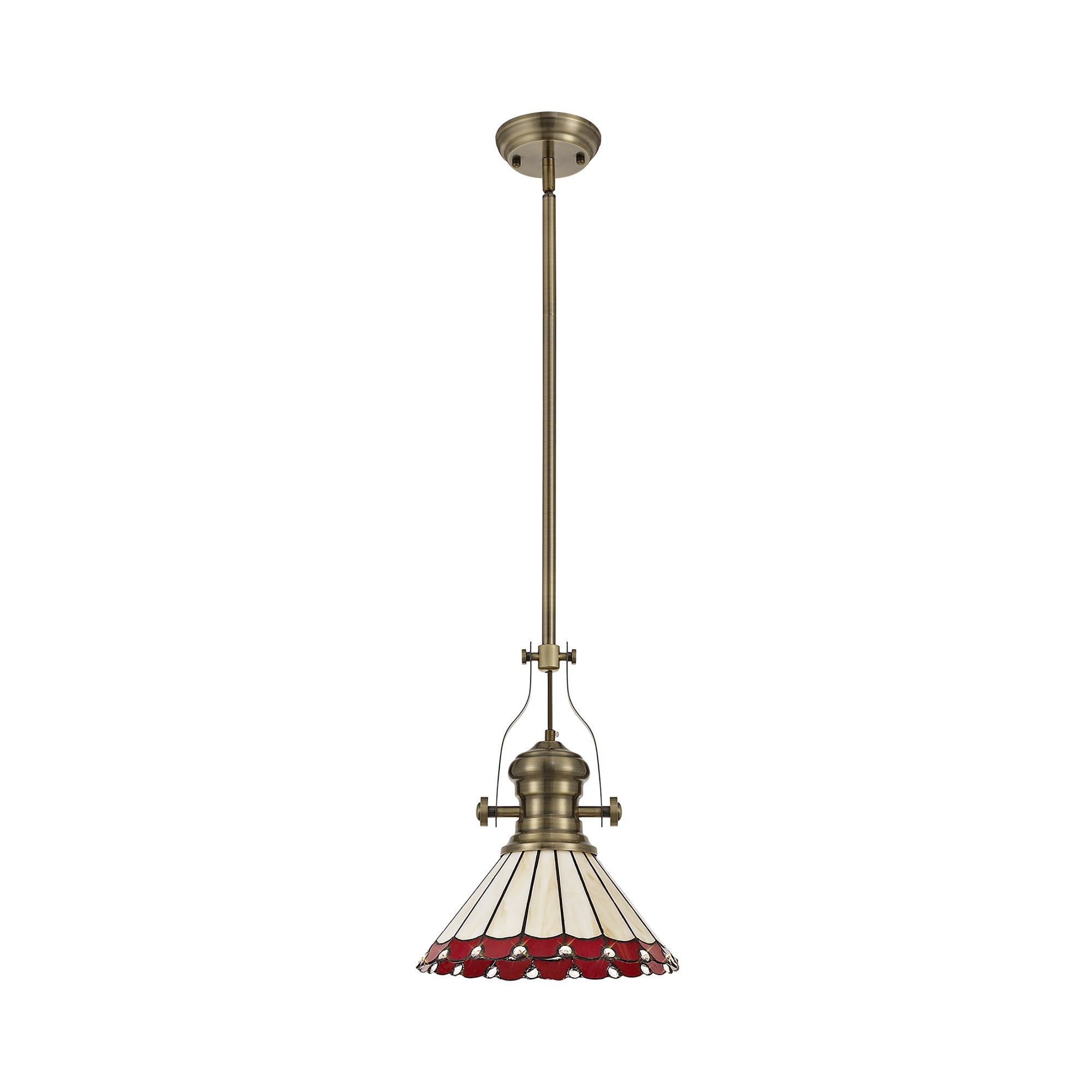 Fabula Amberley Single Pendant - 30cm Tiffany Shade - Antique Brass, Red & Cream