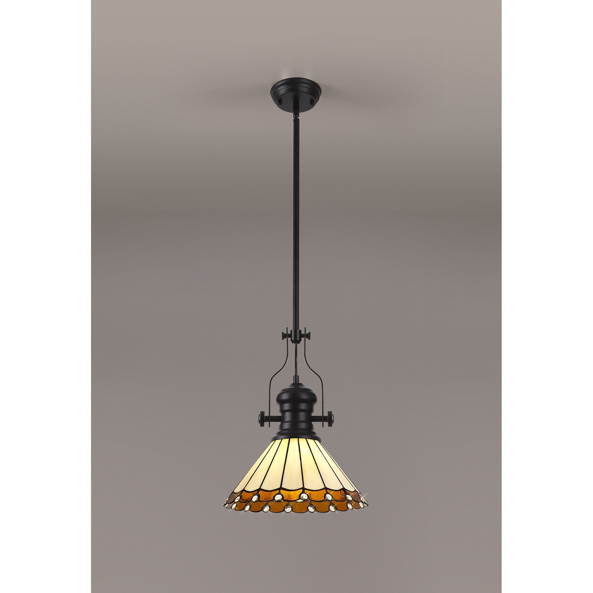 Fabula Amberley Single Pendant - 30cm Tiffany Shade - Matt Black, Amber & Cream