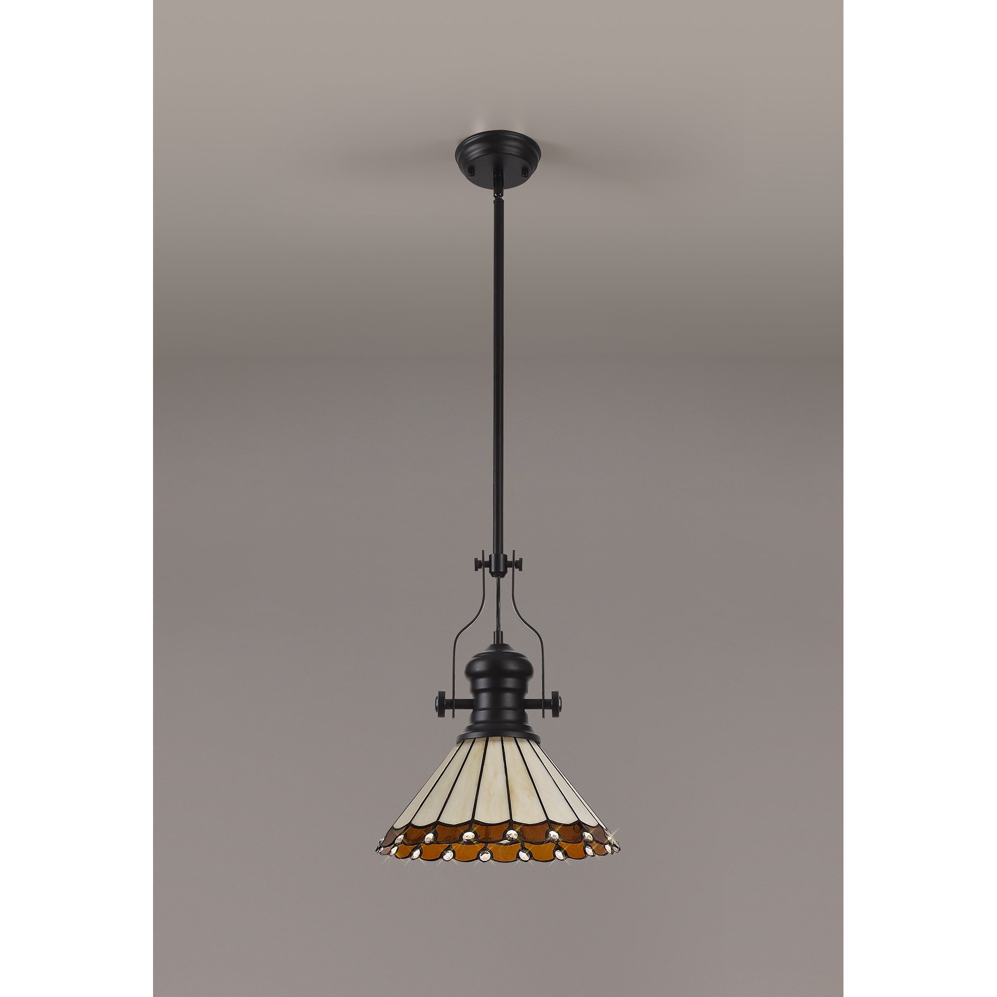 Fabula Amberley Single Pendant - 30cm Tiffany Shade - Matt Black, Amber & Cream