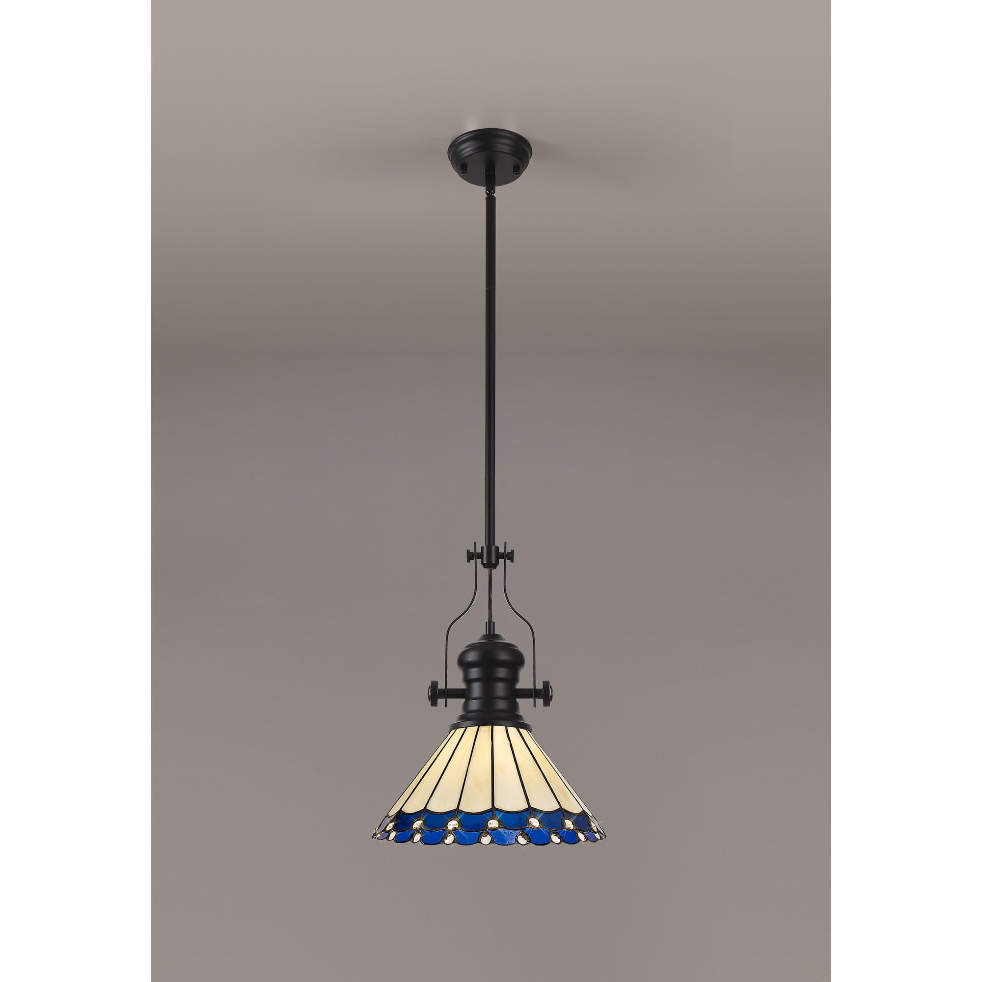 Fabula Amberley Single Pendant - 30cm Tiffany Shade - Matt Black, Blue & Cream