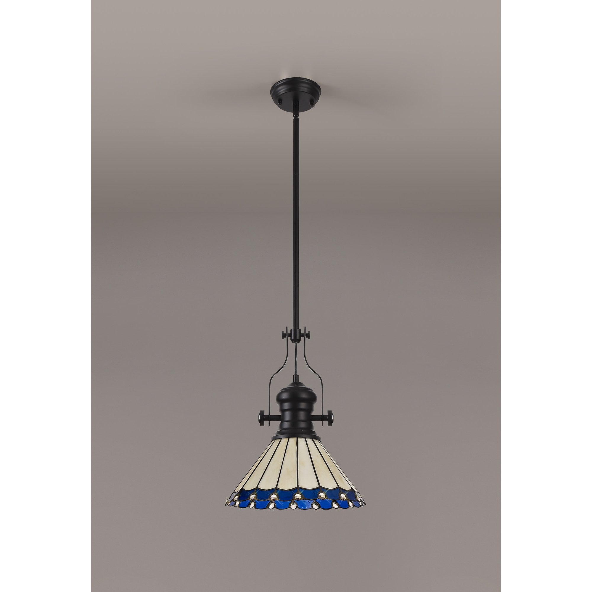 Fabula Amberley Single Pendant - 30cm Tiffany Shade - Matt Black, Blue & Cream