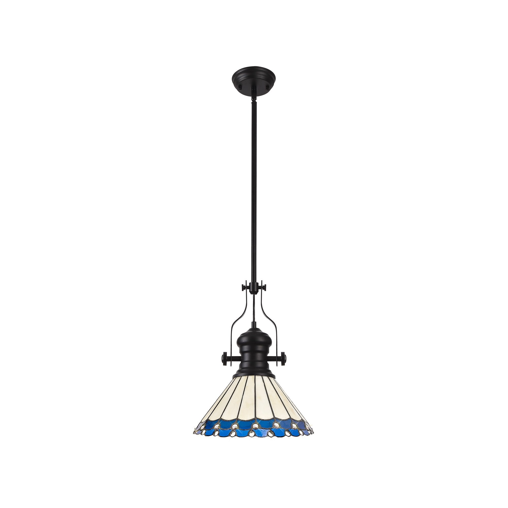 Fabula Amberley Single Pendant - 30cm Tiffany Shade - Matt Black, Blue & Cream